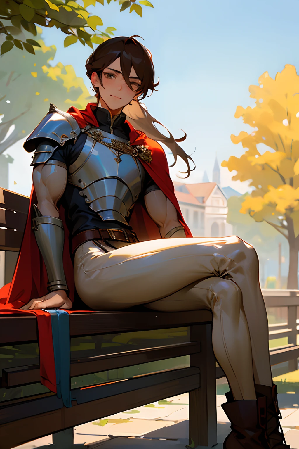 Masterpiece, ultra-high quality, very detailed, trending on ArtStation, 1man, (effeminate), long hair, (brown hair), ((chignon haircut)), looking at viewer, (head tilted slightly upwards), extremely detailed eyes, (brown eyes), blushing slightly, sad, detailed nose, wearing cape, (red cape), silver knight plate armor, wearing dark brown leather leggings, (groin bulge), ((muscular thighs)), (((detailed leg muscles))), simple black leather laced boots, belt and buckles on waist, actor sitting on a wooden bench, sword resting on wooden bench, town square on background, trees on background, blue sky on background, white clouds on background, birds in the distance, sunny ambiance, ambiance light