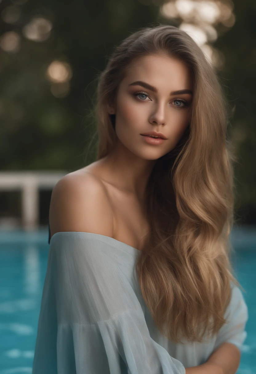 Arafed woman completely , fille sexy aux yeux bleus, ultra realist, Meticulously detailed, Portrait Sophie Mudd, cheveux blonds et grands yeux, selfie of a young woman, Violet Myers, sans maquillage, maquillage naturel, looking straight at camera, Visage avec Artgram, Maquillage subtil, Superbe photo du corps entier, Medium to large bust, au bort de la piscine