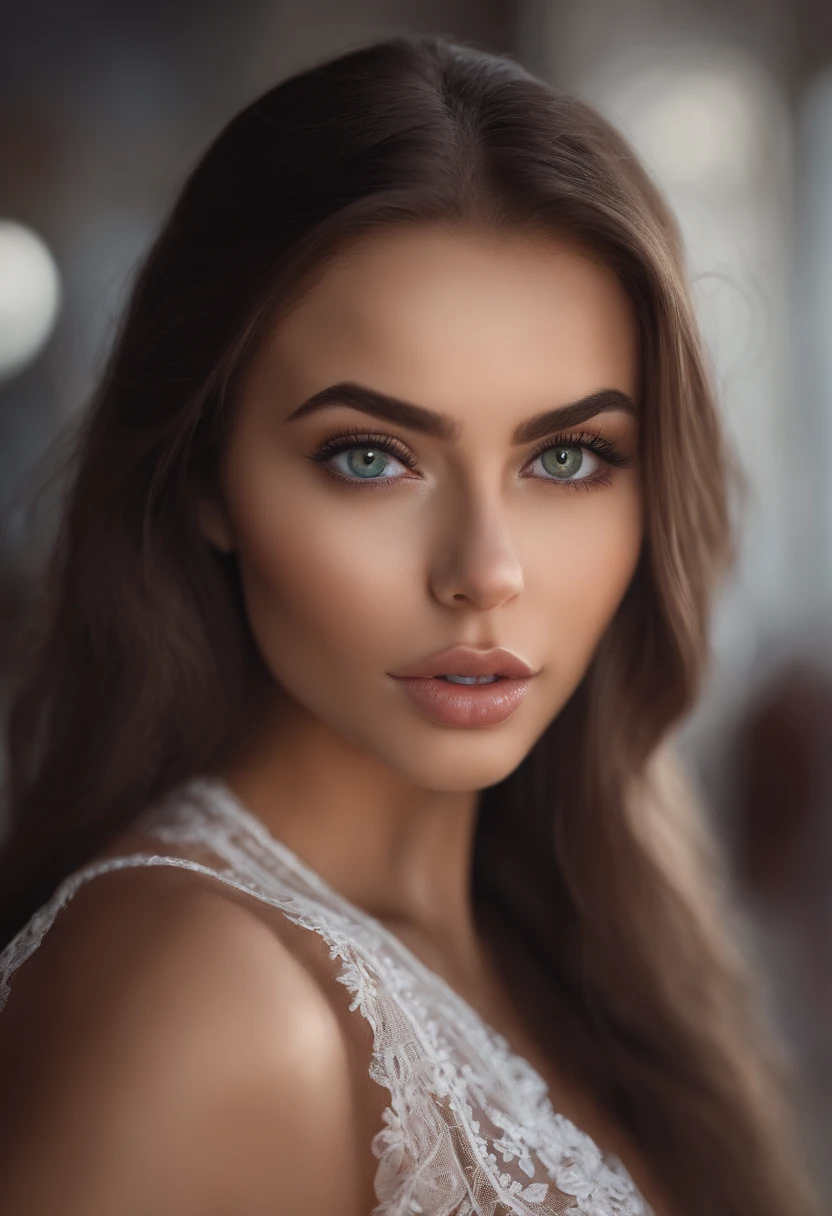 woman fully , Colombian, sexy girl with green eyes, ultra realistic, meticulously detailed, portrait sophie mudd, brown hair and large eyes, selfie of a young woman, dubai eyes, violet myers, without makeup, looking directly at the camera, medium to large size bust