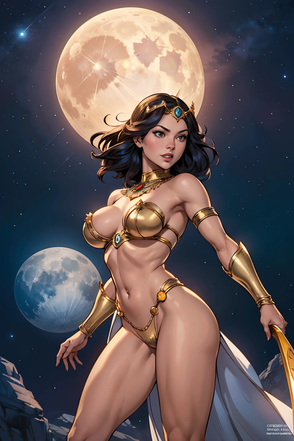 DC Comics, Eloise Mumford dressed as Dejah Thoris, by Frank cho and HR Geiger, barsoom, (sexy), flying, detailed background, night time, ornate diadem, (two moons) of Mars in the sky