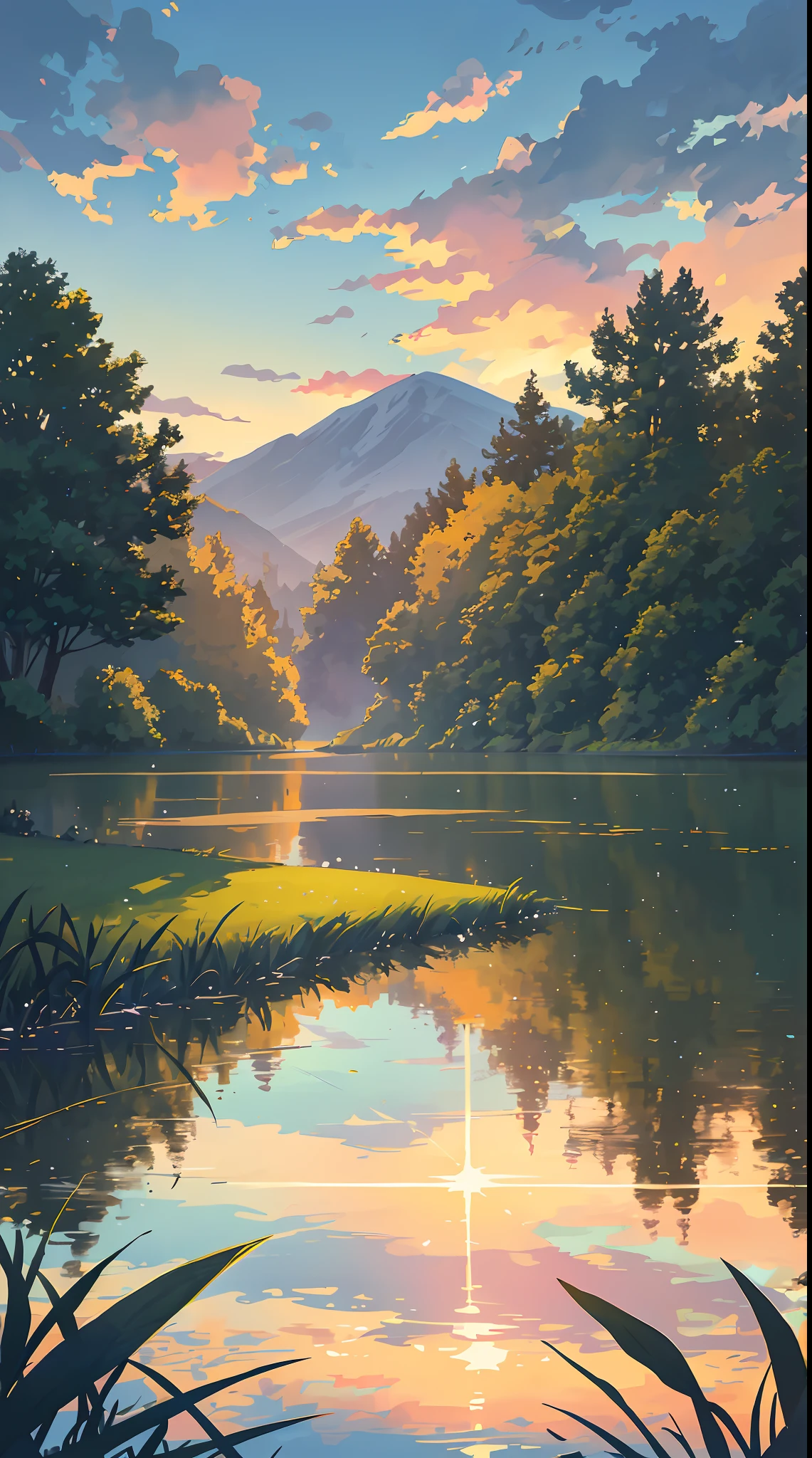sunset, lake, meadows, bright sun, blue sky, stars, big clouds, 4k, stunning, sharp, intricate details, (high resolution: 1.5), saturated, plants in water flowers, more land less water, tall grass, detailed plants and trees