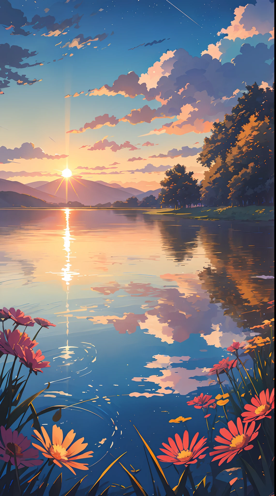 sunset, lake, meadows, bright sun, blue sky, stars, big clouds, 4k, stunning, sharp, intricate details, (high resolution: 1.5), saturated, plants in water flowers, more land less water, tall grass, detailed plants and trees