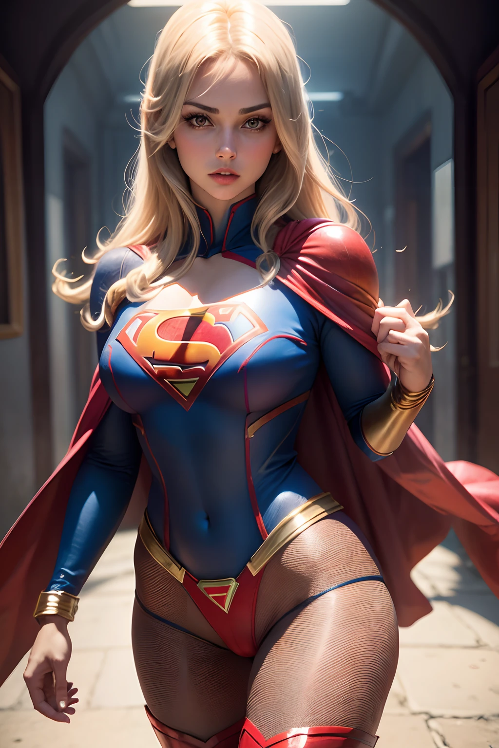 Supergirl, louro e linda e muito sexy, Traje dos anos 1970, Hot Pants Vermelho, capa vermelha, Blusa azul profunda v,  explicit sensual pose