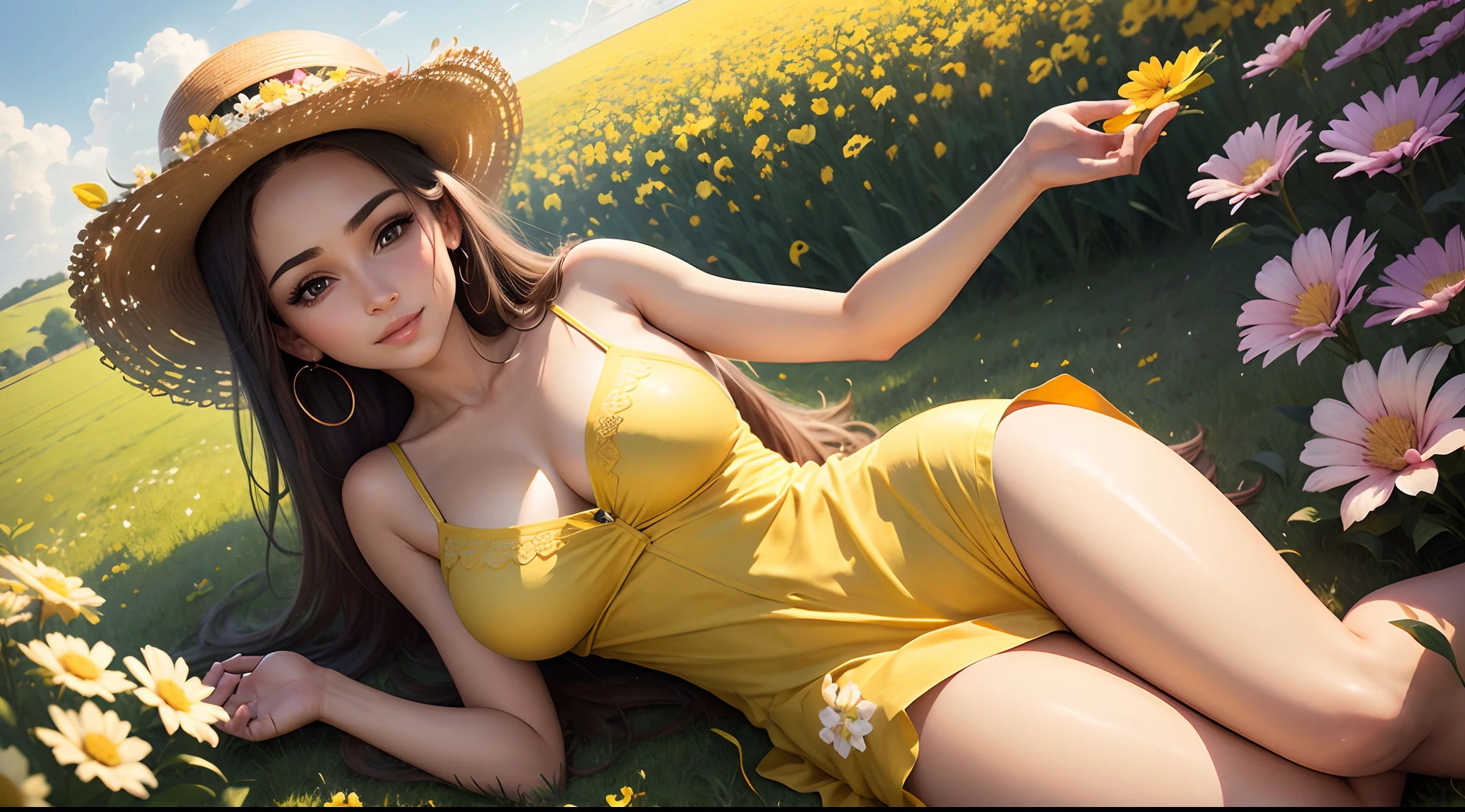 'beautiful Brazilian woman, with medium breasts, in a typical short summer dress, innocent, happy, at leisure, in an open and flowery hardim style field with a hint of flowers with petals flying through the air, realistic image, emk