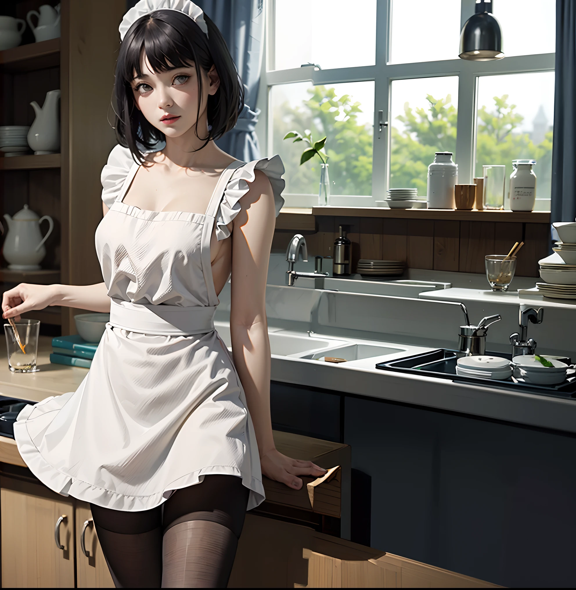 Woman in white dress posing in kitchen drinking wine, exquisite and smooth details, White Apron, Wearing an apron, Apron, frilld, hanbok apron, close angle, maid dress, long dress with apron, Bottom Angle, white waist apron and undershirt, sakimichan, gorgeous maid, Perfect Detail, close up details, satin