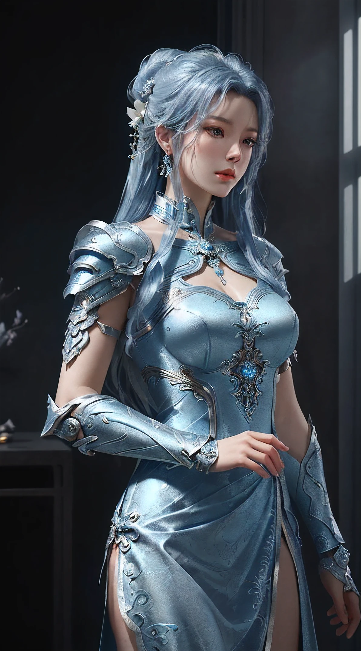 a close up of a woman in a silver and blue dress, chengwei pan on artstation, by Yang J, detailed fantasy art, stunning character art, fanart best artstation, epic exquisite character art, beautiful armor, extremely detailed artgerm, detailed digital anime art, artgerm on artstation pixiv, armor girl