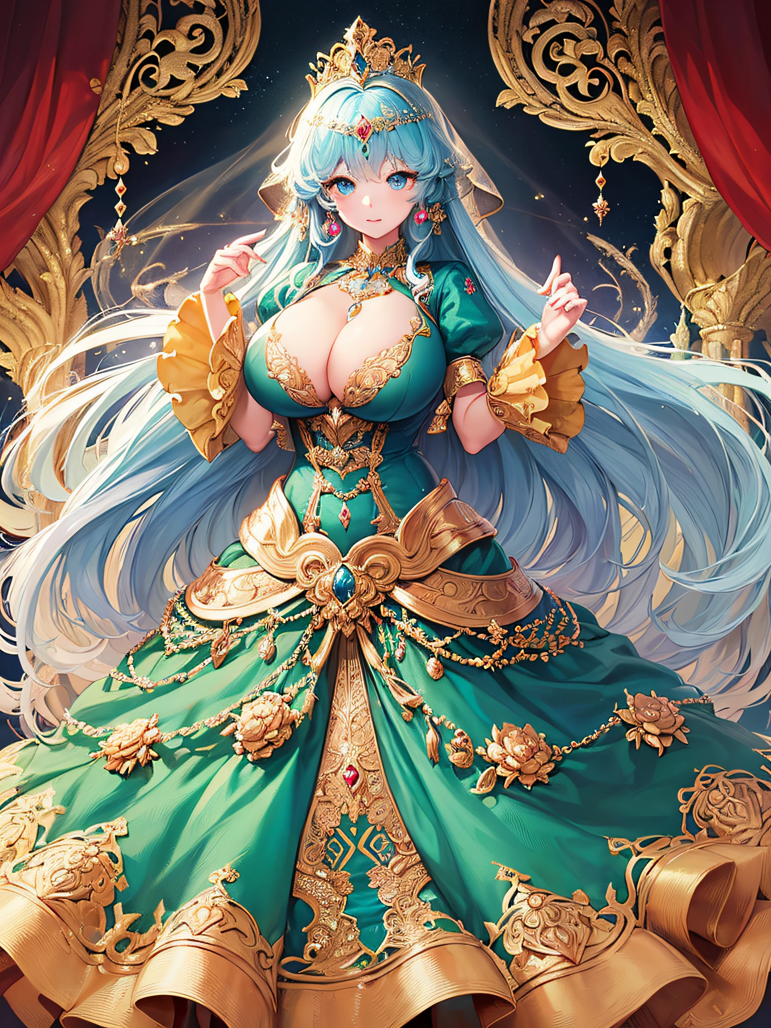 (masterpiece, best quality,extremely detailed:1.1),(moe anime art style:1.3),1girl,((full body,focus face)),((solo)), cute, kawaii,digital art,((1 princess wearing beautiful embroidery and jeweled gorgeous princess rococo ballgown with voluminous full length hoop skirt)),((crinoline)),long train,voluminous frills,See-through,(gorgeous embroidery and beautiful lace),(((gigantic tits))),skindentation,cleavage,shiny hair,(((very long hair,very long straight hair))),((finely detailed face and eyes)),clear pupil,extremely gorgeousfull hair ornament,(bling-bling jeweled extremely gorgeousfull tiara),(bling-bling gorgeous gemstone jewelry),long veil,(beautiful background),full body,((beautiful embroidery and jeweled gorgeous princess rococo ballgown with voluminous full length hoop skirt))