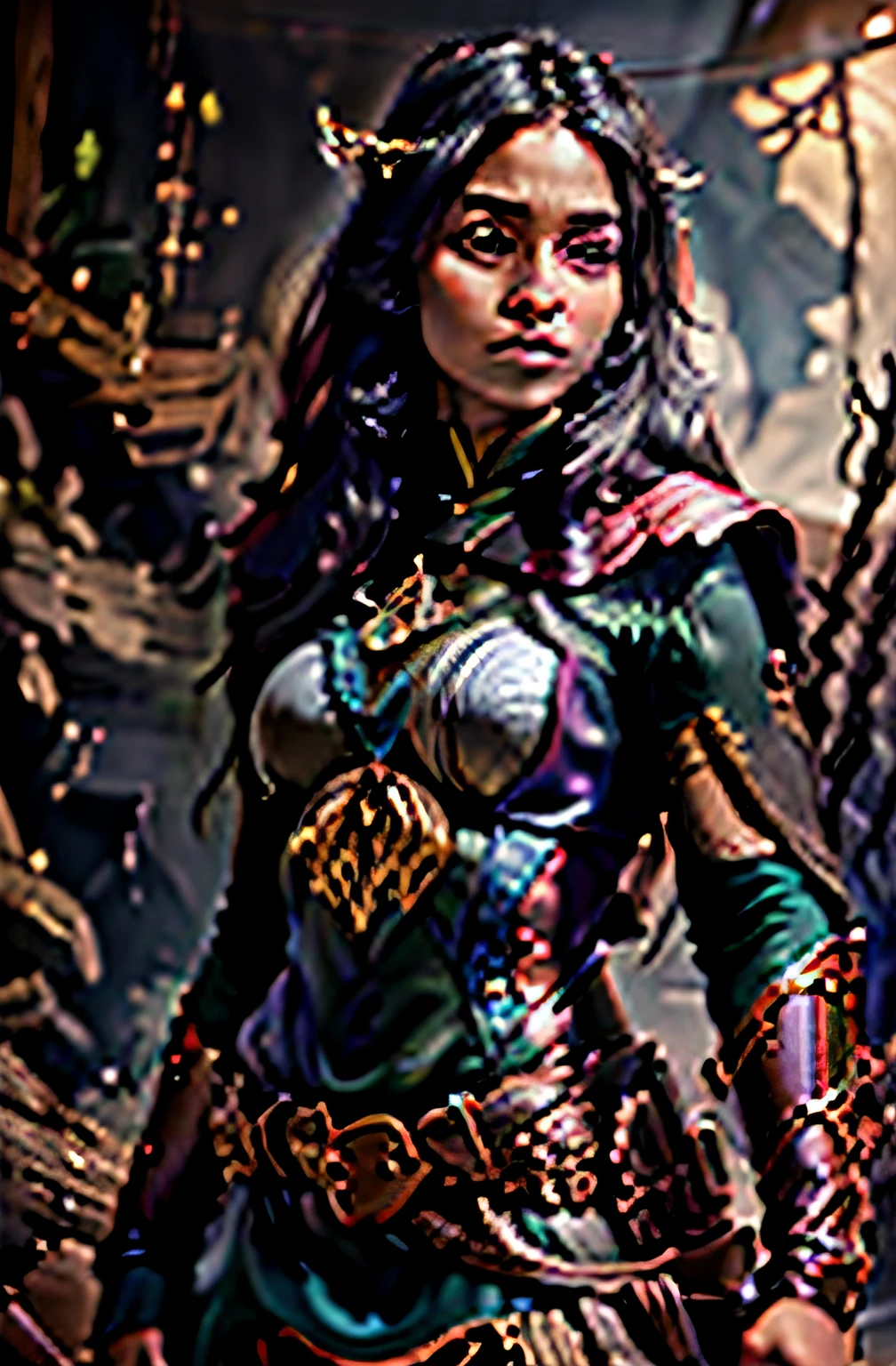 (best quality,4k,8k,highres,masterpiece:1.2), ultra-detailed, (realistic,photorealistic,photo-realistic:1.37), tall half-elven adventurer woman with black hair and purple eyes, dark olive tan skin, wearing a pirate coat and holding a driftwood staff, fantasy-inspired artwork, magical ambiance, vibrant colors, atmospheric lighting, intricate details, mystical aura