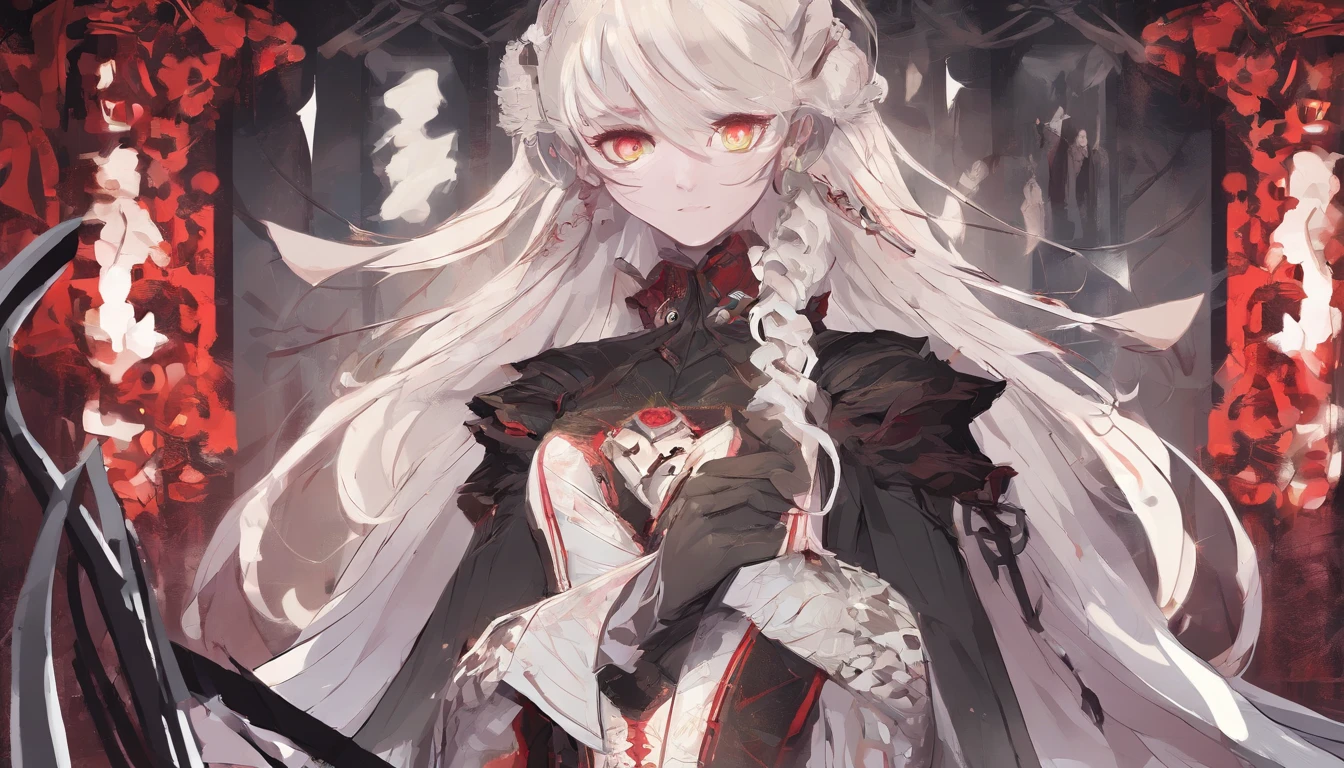 Style: anime aesthetics performed by artists from art station, contemporary art - digital painting, paint strokes.Character: elf with a luxurious short white hairstyle, red eyes and long ears, screams and smiles .Weapons: a large war hammer in the character's hands, a square hammer with runes .Armor: Venetian dress with lush woven shoulder pads and IRON corset with many patterns, choker with lace, iron gothic gloves, red black gold matte colors.Basics: centered camera, lots of details, character looking to the side, perfect illustration and pastan angle / many strokes of paint around the edges of the picture, soft color, more clarity