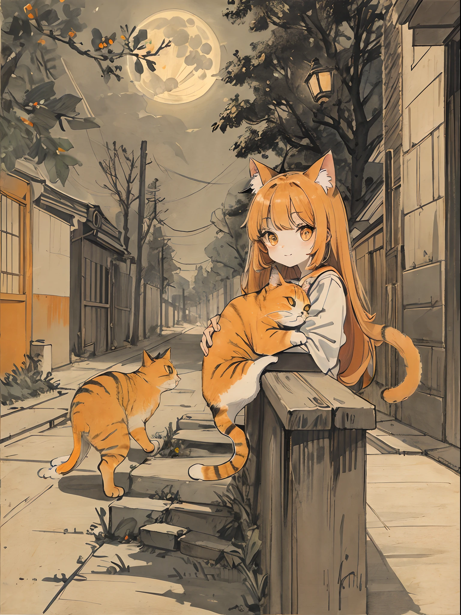 cat,Orange,Cute,Big eyes,Masterpiece,full moon,alley
