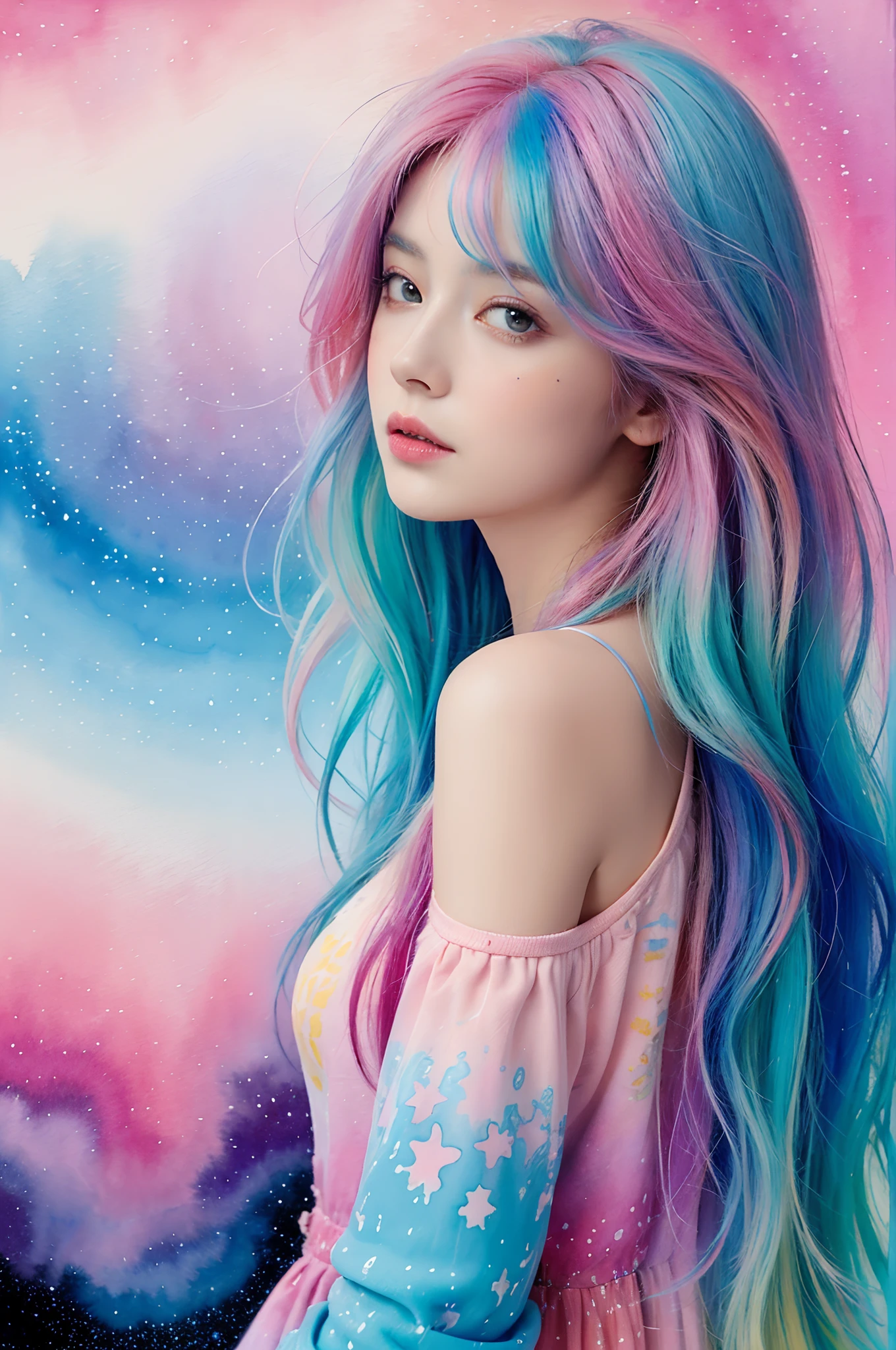 (masterpiece, top quality, best quality,watercolor (medium),official art, beautiful and aesthetic:1.2),(1girl:1.3), (fractal art:1.3),upper body, from side, looking at viewer,patterns,(rainbow color Hair,colorful hair,half blue and half pink hair:1.2),water,liquid, cloud,colorful, starry,stars,