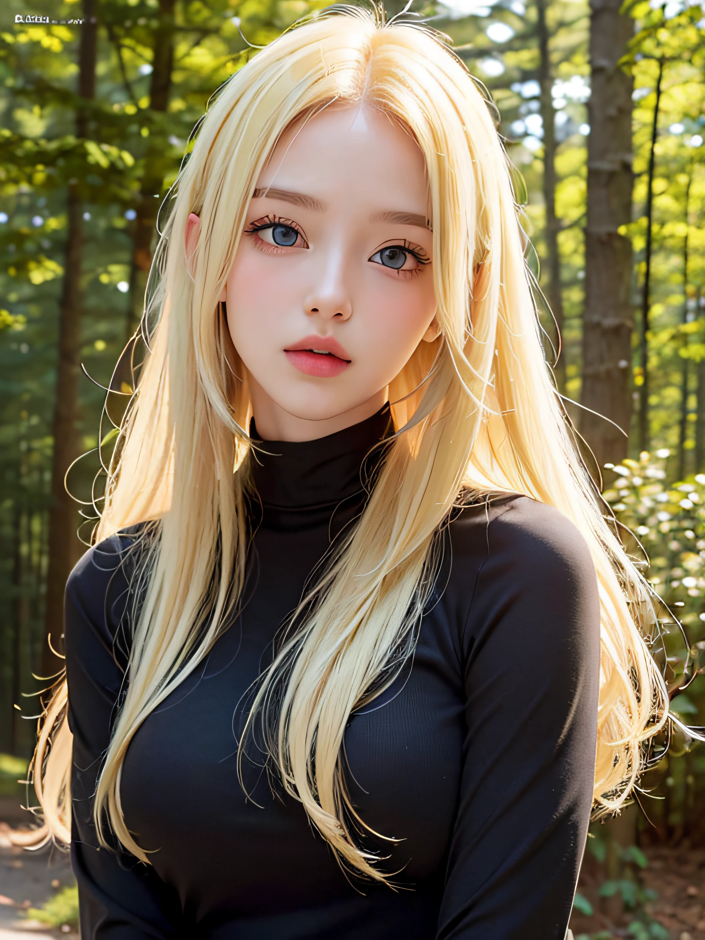 sfw, masterpiece, (best quality:1.2), (sharp focus:1.2),, 1 girl, slim girl,, (blonde|light_yellow hair), detailed face, young|cute face, blush, natural breasts, thin arms, modest black shirt,, in nature, outdoors forest