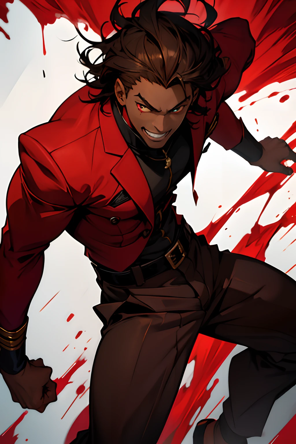 black young man, negro, messy hair, brown hair, red suit, lindo, crazy face, blood, BLOOD, crazy smile, evil eyes, psicopath, red sea, blood, blood, jojo pose