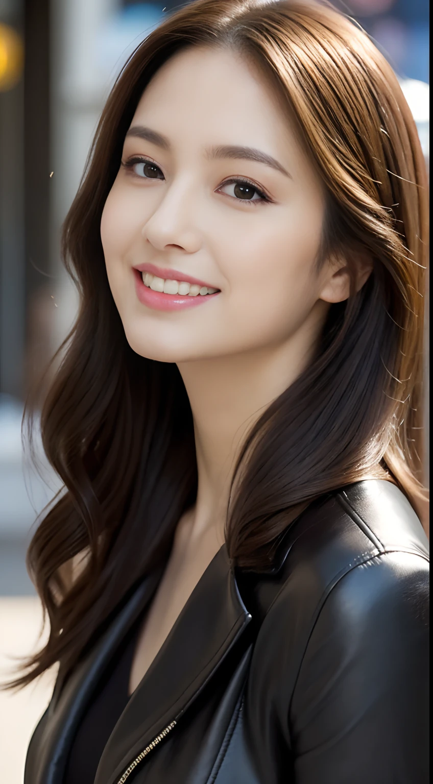 ((Angelina Sole)),((top-quality, 8K, ​masterpiece : 1.3)),  Beautiful Women in Perfect Figure : 1.4, Slim abs : 1.2, dark brown  hair,Medium Hair、 Blouse、Leather jacket、 (Natural lighting, the city street : 1.1), Very detailed face and skin texture, Detailed eyes, 二重まぶた、Looking at the camera、Plump lips, ((Professional makeup:1.5)) Golden ratio, Hyper res、smil、facing front、Professional heavy makeup、Cafe scene in Paris