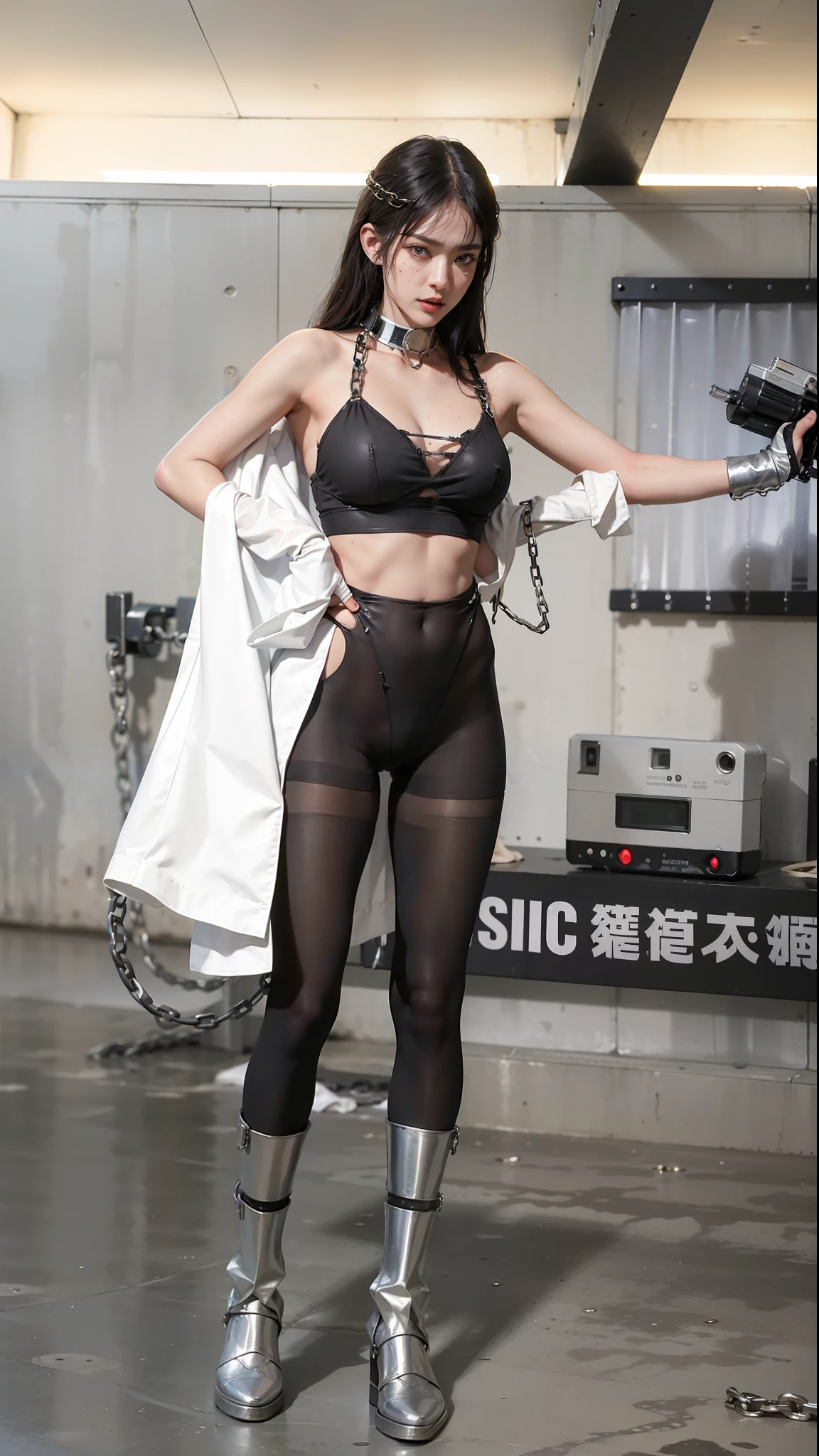 ,((Wearing a torn sheer costume of a superheroine)),(, No bra)), Wet crotch, Wet thighs, Beautiful girl with accentuated slender abs: 1.4, (((nipple tips protruding, areola is protruding, The shape of the pubic region is clearly visible)), sixpack abs: 1.4, Bust Botox, Photo, Sharpness, Unique 850 4, Koda850 k portrait camera, F1.6 shots, Ultra-realistic textures, Spectacular light textures, Cinestil 800 Fashion Mechanics, (futuristic sci-fi battle fashion: 1.1), (tied perfectly by chain), Restraint, Slaves, collars, ((wide prison with sunlight)), Dark fantasy, Realistic material details, extreme hight detail, Ultra-realistic materials ((Torn costume))), Wet, Cloudy, (Chained)), ((big emphasized by chains)), ((chains digging into crotch)), ( (Collar)), (, No bra), shredded costumes, broken golden shields and battle spears,, White combat gloves, Combat shoulder armor, Blood splattered on the face, Blood splattered, Realistic, (Bruises, Dirty, ripped clothing, skimpy clothing, Blood: 1.3), Torn Cape, Torn pantyhose, Long legs, ((iron pipe in the crotch)), Metallic shackles and fetters, ((chains hung from heaven)), Wet crotch is clearly visible, Swarovski's sword and the anatomy beneath his feet, (futuristic sci-fi battle fashion, Torn mesh stockings),