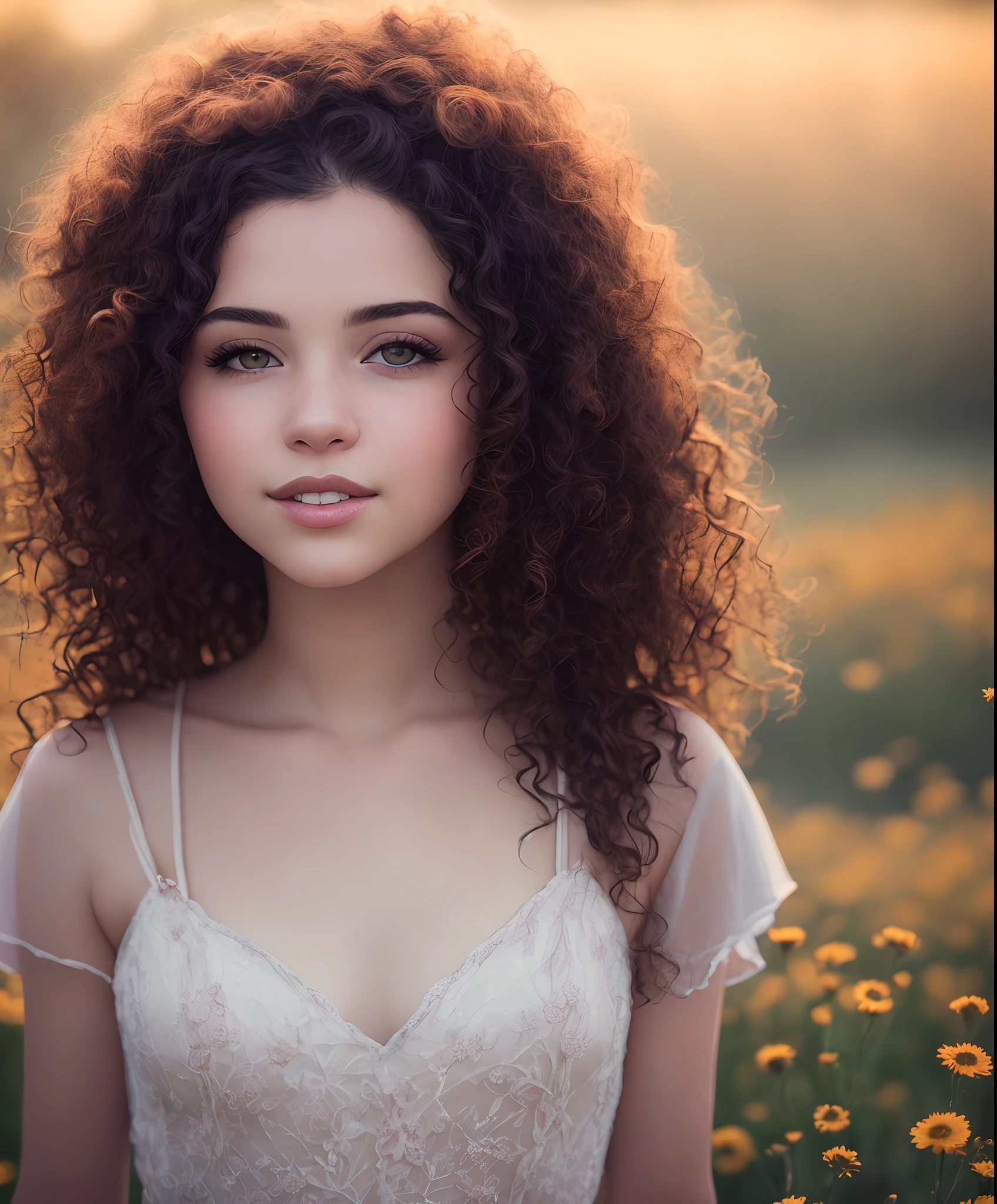 flower field, woman with brown curly hair, hazel eyes, depth of field, cinematic lighting, blurry, glowing light, from below, bokeh, f/2.8, 35mm, Sony FE GM, 8k resolution, super detail, Ultra High Definition Image. masterpiece, accurate, textured skin, super detail, high details, high quality, best quality, high resolution.