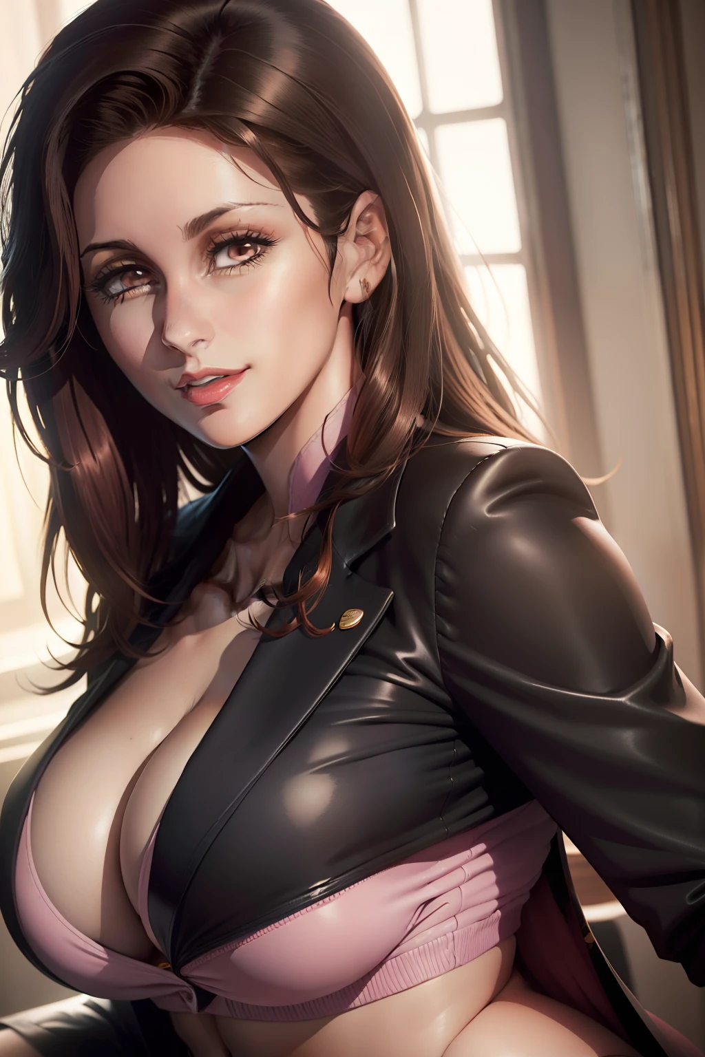Lucy Pinder, portrait, face portrait, smiling, voluptuous, cleavage, straight hair, brown hair, very short hair, pink lipstick, black blazer, black formal pants.