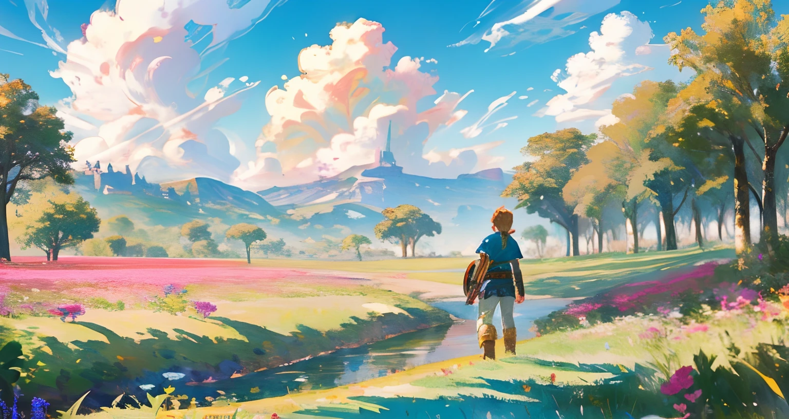 (Award Winning Digital Artwork:1.3) of (Ultra detailed:1.3) solo male, 1 guy, (bright blue eyes), (short blond hair, small ponytail with bangs and side locks 1.3), beautiful forest, handsome, straps, gorgeous,CGSociety,ArtStation, forest, fantasy, breath of the wild, botw, Hyrule kingdom, rolling hills, amazing background, beautiful fields, (wildlife) wide open fields, dancing grass, blue skies, lovely skies, big clouds, masterpiece, perfections, wallpaper, 8k, link, tloz, ((handsome elf man)) adventurer, on an adventure