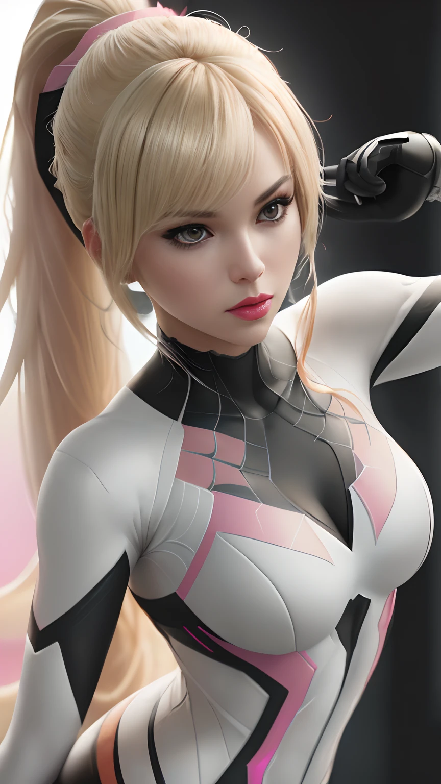 (RAW, analogue, Nikon Z 14mm ultra wide angle lens, award-winning glamor photography, ((best quality)), ((masterpiece)), ((realistic)), skin pores, subsurface scattering, light rays radiant, high resolution, detailed facial features, great detail, sharp focus, soft, aesthetic, extremely detailed, ((light gray eyes)), makeup, ((extremely detailed eyes, extremely detailed iris)), extremely detailed hair, (small breasts), ((proportionate body)), extremely detailed skin, extremely detailed clothing, octane rendering, photorealistic, realistic, post-processing, maximum detail, realistic shadows, roughness, texture natural skin, real life, ultra realistic, photorealism, photography, 8k UHD, photography, hdr, intricate, elegant, highly detailed, sharp focus, stunning, beautiful, gorgeous, beautiful and realistically detailed 22 year old girl like Marvel's Spider-Gwen, ((in Gwen's 70%White, 20%black and 10%pink Spider suit)), soft red painted lips, ((blonde hair)), ((high ponytail)), full body visible, realistic skin, photorealistic and realistic cinematic shot (extremely detailed CG unity 8k wallpaper), trending on ArtStation, trending on CGSociety, high detail , sharp focus, dramatic and beautiful background, full shot, high quality, (beautiful face), (detailed face), detailed hands, beautiful hands.
