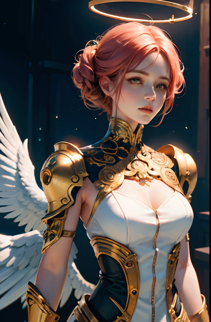 in the future city, meccog, cog, 1girl, mechanic, pink hair, android, phoenix dress, intricate details dress, phoenix swirling dress, 1girl, solo, realistic, upper body, red hair, wings, halo, half-closed eyes, lips, white dress, black and white dress, art by art nouveau + daniel merriam + James jean, highly detailed technical, beautiful, gorgeous, dramatic lighting, golden ratio, Intricate details, 8K, ultra realistic, photography, RTX, light mode, octane render, morbide, HDR, trending on artstation, ulzzang-6500-v1.1