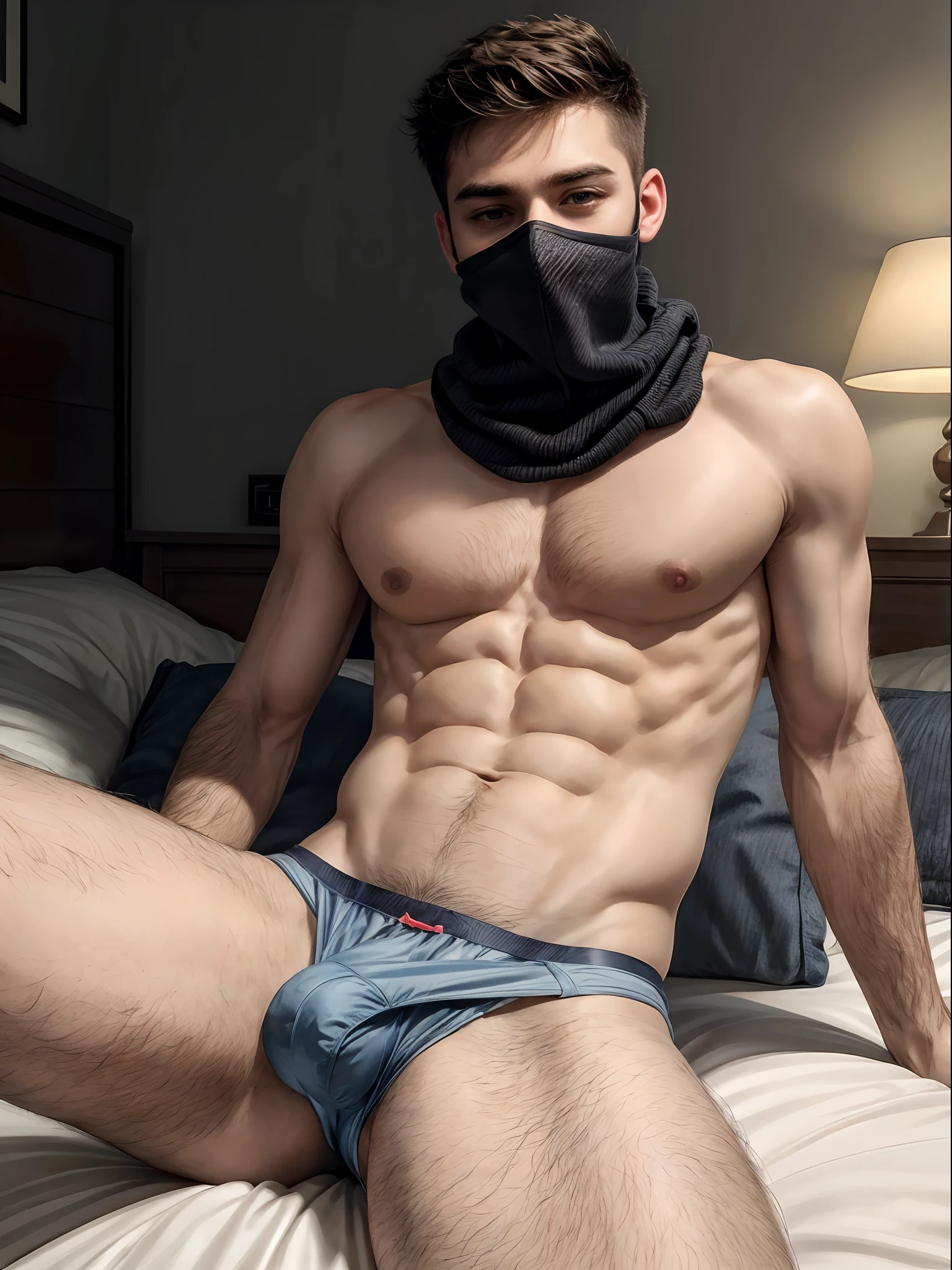 a man, 18 years old, sitting on a bed, legs open, underwear, wearing a balaclava, front view