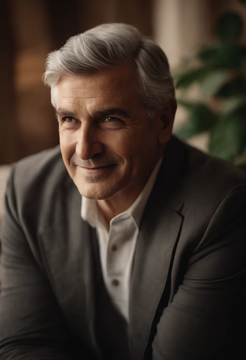 Retrato de um pai,medium:oil painting,kind eyes,loving smile,powerful hands,wise and thoughtful expression,gray hair,wisdom and experience,gentle demeanor,strong yet tender,Caucasian man,middle-aged,stylish attire,relaxed posture,in a cozy living room,soft lighting,warm color tones,subtle shadows,stern and nurturing,unconditional love for his children,comforting presence,role model,fatherly love,memorable moments,legacy and guidance,(best quality,masterpiece:1.2),ultra-detailed,photorealistic,vivid colors,subtle brush strokes,emotional connection,parent-child bond,special memories,cherished relationships.
