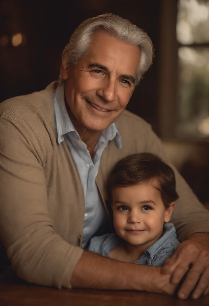 Retrato de um pai,medium:oil painting,kind eyes,loving smile,powerful hands,wise and thoughtful expression,gray hair,wisdom and experience,gentle demeanor,strong yet tender,Caucasian man,middle-aged,stylish attire,relaxed posture,in a cozy living room,soft lighting,warm color tones,subtle shadows,stern and nurturing,unconditional love for his children,comforting presence,role model,fatherly love,memorable moments,legacy and guidance,(best quality,masterpiece:1.2),ultra-detailed,photorealistic,vivid colors,subtle brush strokes,emotional connection,parent-child bond,special memories,cherished relationships.