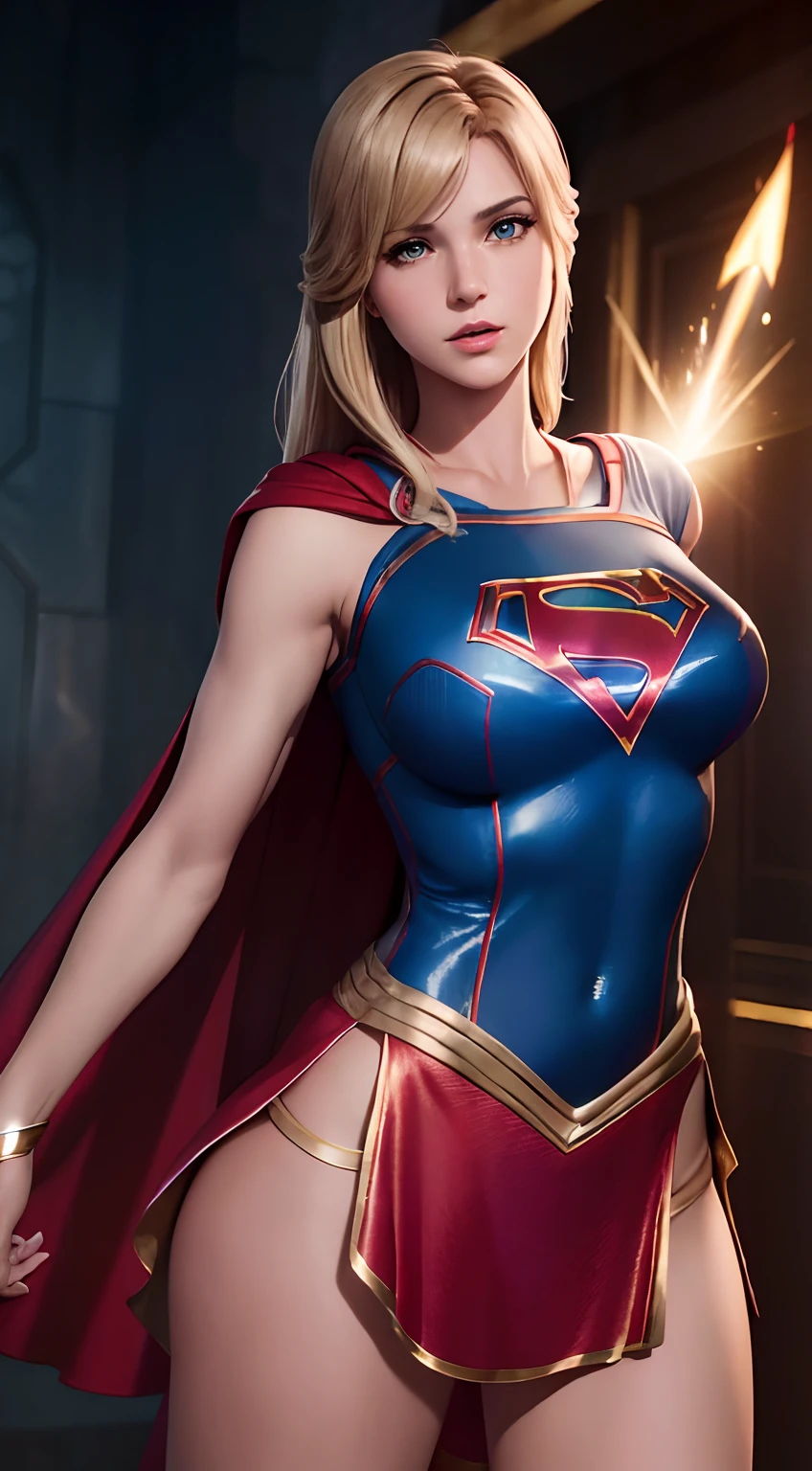 high cinematic quality, fotografia profissional, cena de fantasia, Supergirl stopping a missile, supergirl usa terno preto e dourado, terno sexy,com uma camada flutuante e um "s" No peito. Totally sexy in sensual dynamic pose, Fantasia Sexy Supergirl .