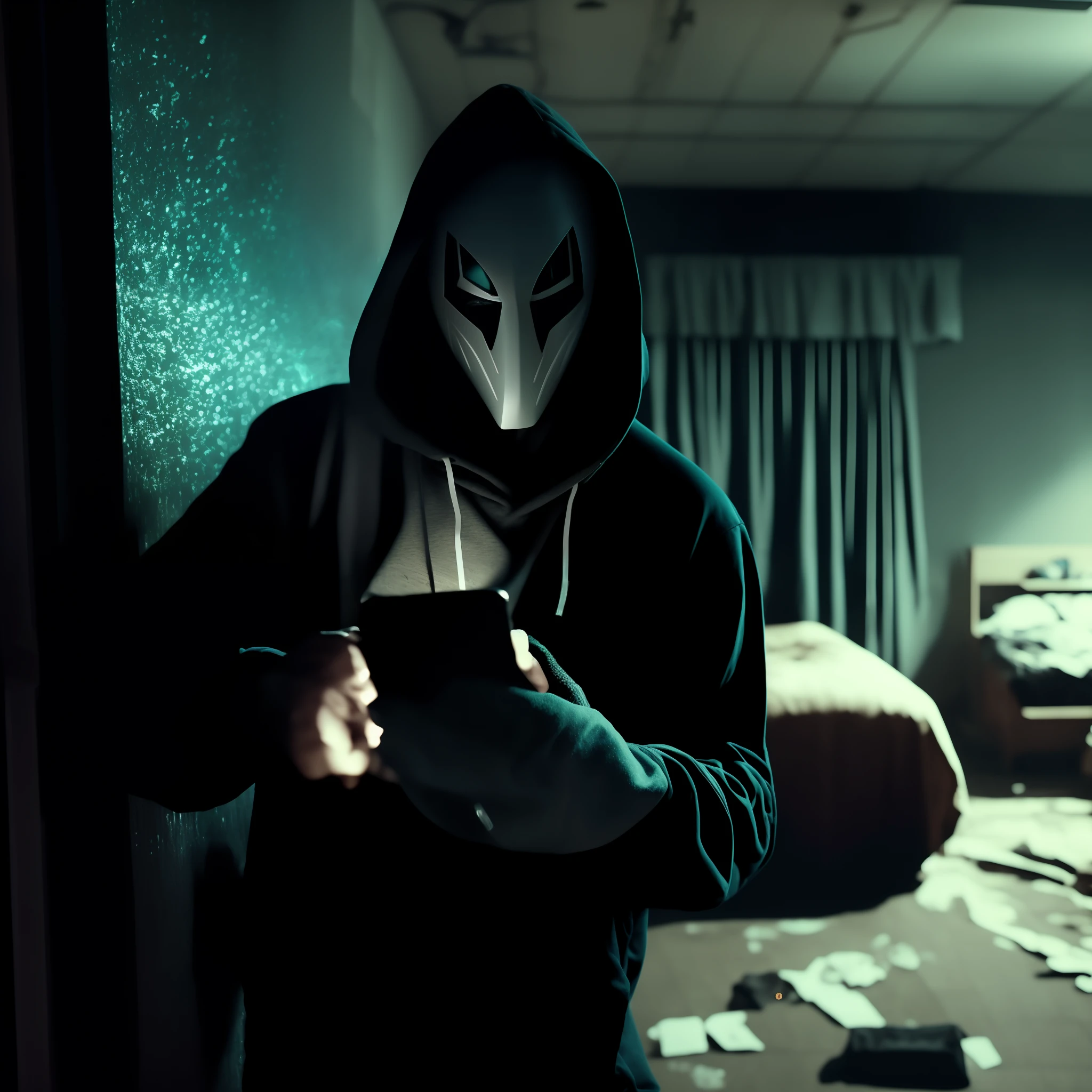 arafed man in a hoodie holding a cell phone, black hat in a room, masked person in corner, film still from a horror movie, the purge, still from horror movie, in an alleyway during the purge, the reaper as a scary, still from a live action movie, omen from valorant, tech noir, tech-noir, white man with black fabric mask
