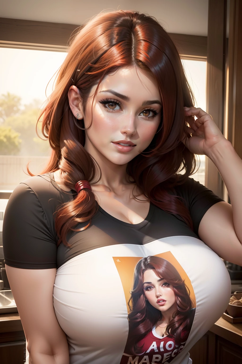 Lucy Pinder, portrait, Face portrait, red lips, smiling, cleavage, Voluptuous woman, Chubby woman, straight hair, red hair, Long hair, short-sleeved t-shirt, gray t-shirt, showing abdomen, Short jeans.