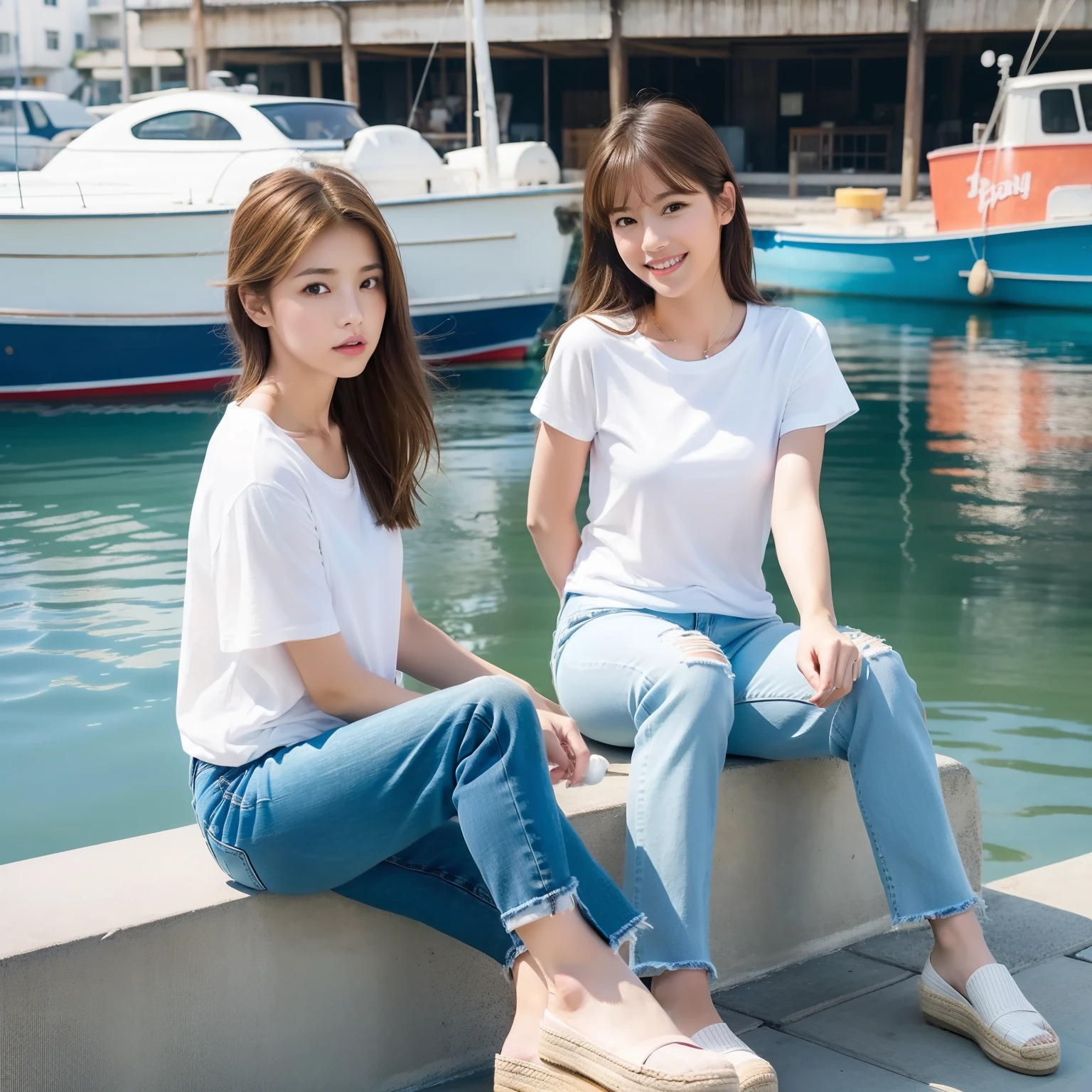 Photorealsitic, high-level image quality、hight resolution, one girls, Brown hair,japanes, white t-shirts,,Shaggy hair,Vintage Jeans,espadrilles,The background is a fishing port