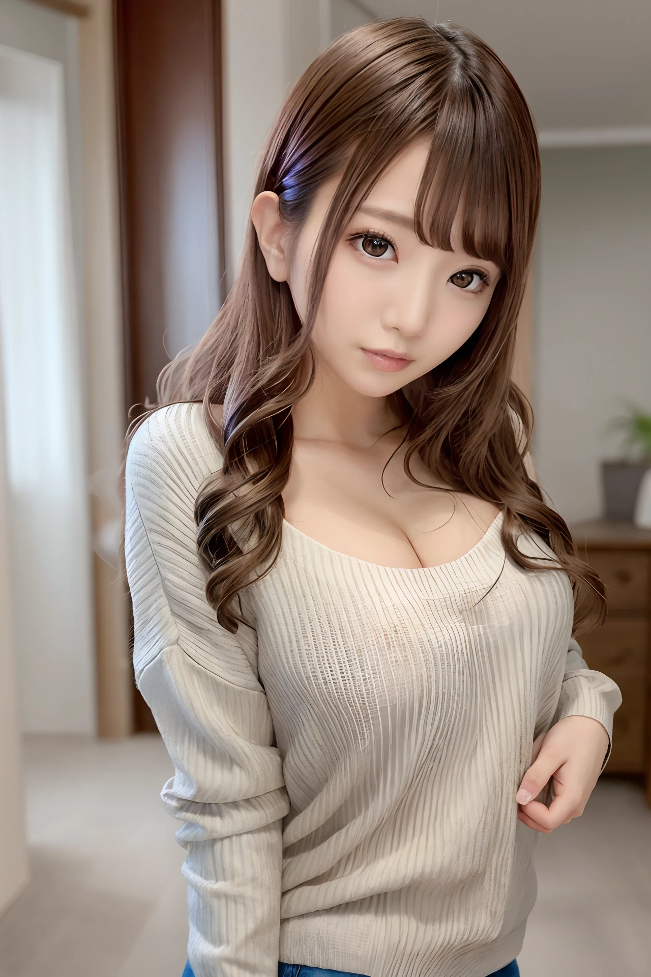 (Skin blemishes:1.2),1womanl, 21years old, (((femele))), (Skindentation), a gorgeous, 独奏, realisitic, top-quality, Photorealsitic, masterpiece, 8K, hight resolution, 独奏, extra detailed face, cowboy shot, passport photo, fullface, (profetional lighting、bokeh dof), (light particules、lensflare、Luminous particles:0.6)、(dynamicposes:1.2)、Soft lighting、Top Angle View、Fashionable and trendy atmosphere、((Look at viewers))、 (looking in camera)、(portlate:0.6)、is standing、Upper body、close up of face、(middlebreasts:1)、(The long-haired)、brown haired、Floating hair、nase、s lips、lipsticks、seducting smile、Sweaters、jaket、skirt by the、Black-rimmed glasses