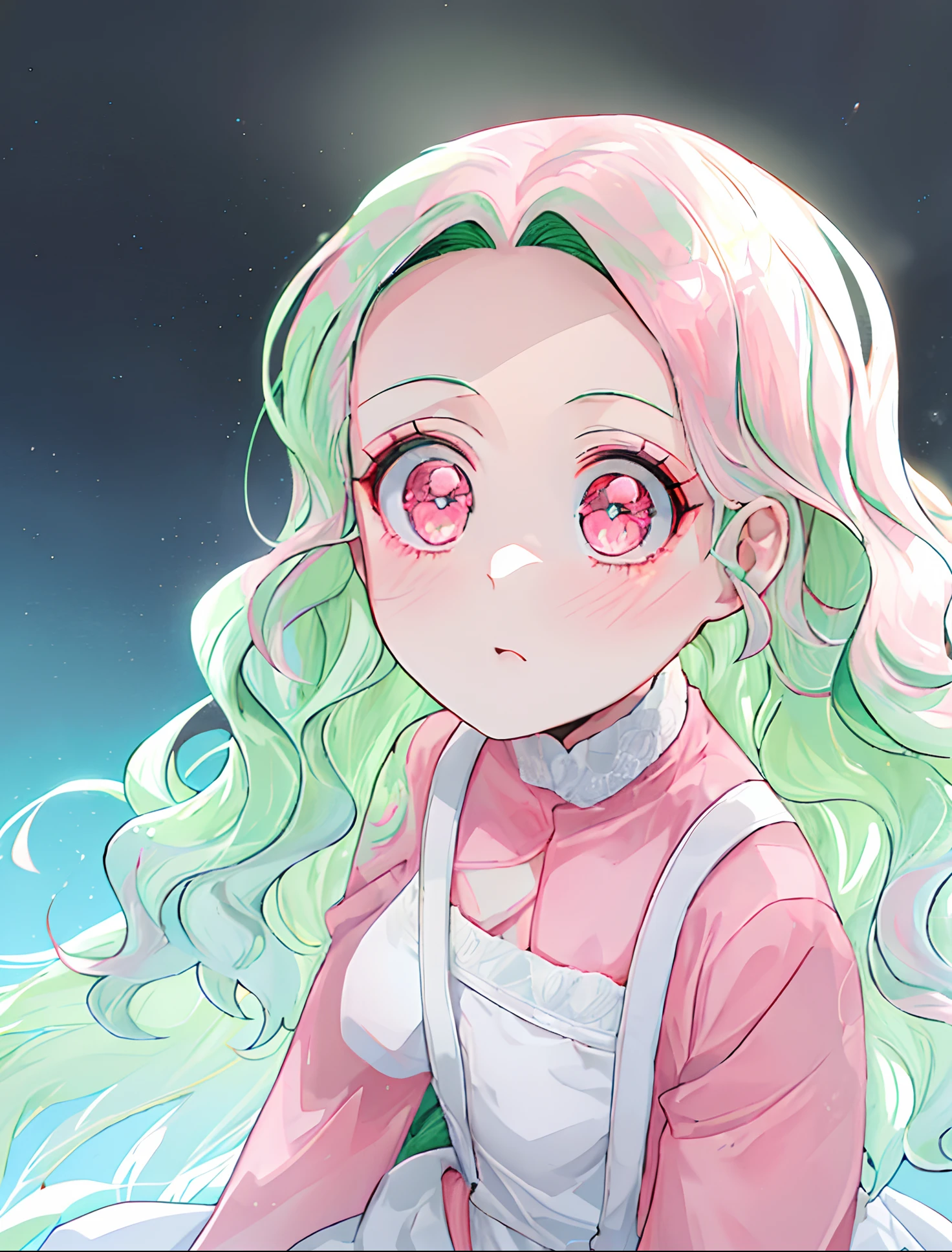 Menina anime com cabelo rosa, olhos verdes sentada, garota de cabelo cacheado, visual anime de uma menina bonito, estilo de arte anime, close up de uma jovem garota de anime, color manga panel, colored manga panel, uma garota de anime, personagem estilo anime, Arte Oficial