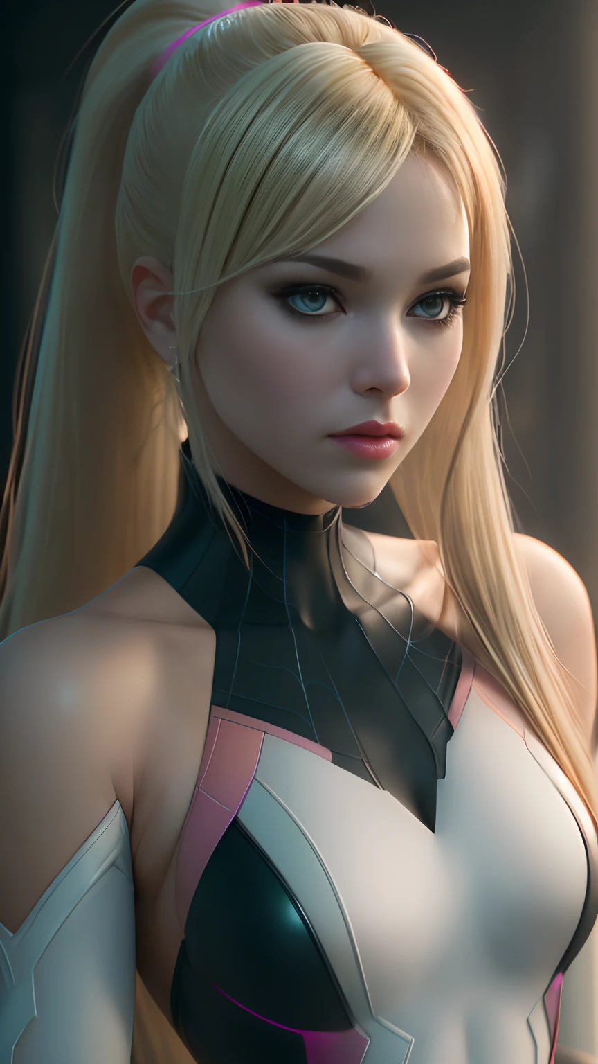 (RAW, analogue, Nikon Z 14mm ultra wide angle lens, award-winning glamor photography, ((best quality)), ((masterpiece)), ((realistic)), skin pores, subsurface scattering, light rays radiant, high resolution, detailed facial features, great detail, sharp focus, soft, aesthetic, extremely detailed, ((light gray eyes)), makeup, ((extremely detailed eyes, extremely detailed iris)), extremely detailed hair, (small breasts), ((proportionate body)), extremely detailed skin, extremely detailed clothing, octane rendering, photorealistic, realistic, post-processing, maximum detail, realistic shadows, roughness, texture natural skin, real life, ultra realistic, photorealism, photography, 8k UHD, photography, hdr, intricate, elegant, highly detailed, sharp focus, stunning, beautiful, gorgeous, beautiful and realistically detailed 22 year old girl like Marvel's Spider-Gwen, ((in Gwen's 70%White, 20%black and 10%pink Spider suit)), soft red painted lips, ((blonde hair)), ((high ponytail)), full body visible, realistic skin, photorealistic and realistic cinematic shot (extremely detailed CG unity 8k wallpaper), trending on ArtStation, trending on CGSociety, high detail , sharp focus, dramatic and beautiful background, full shot, high quality, (beautiful face), (detailed face), detailed hands, beautiful hands.