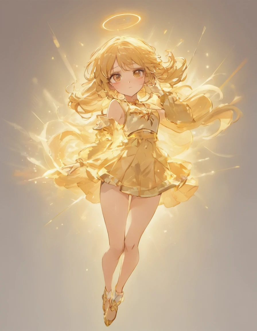 conceptual art of the character, white background, full body, from head to toe, semi-realistic, 1 girl, long and wavy golden hair, white long-sleeved cropped top, small part of the belly showing, golden details, golden necklace with star pendant , black pants, white skirt, white sneakers, , extremely beautiful, elegant and determined pose, sketches of the character around her
