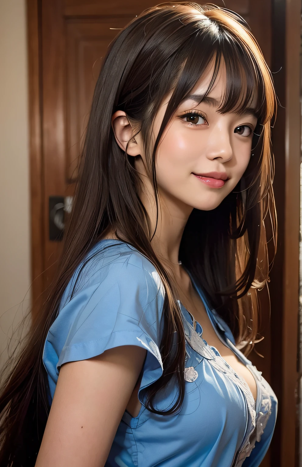 Smiling woman with long hair posing for photo、Classroom
