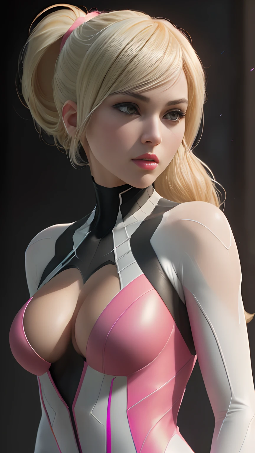 (RAW, analogue, Nikon Z 14mm ultra wide angle lens, award-winning glamor photography, ((best quality)), ((masterpiece)), ((realistic)), skin pores, subsurface scattering, light rays radiant, high resolution, detailed facial features, great detail, sharp focus, soft, aesthetic, extremely detailed, ((light gray eyes)), makeup, ((extremely detailed eyes, extremely detailed iris)), extremely detailed hair, (small breasts), ((proportionate body)), extremely detailed skin, extremely detailed clothing, octane rendering, photorealistic, realistic, post-processing, maximum detail, realistic shadows, roughness, texture natural skin, real life, ultra realistic, photorealism, photography, 8k UHD, photography, hdr, intricate, elegant, highly detailed, sharp focus, stunning, beautiful, gorgeous, beautiful and realistically detailed 22 year old girl like Marvel's Spider-Gwen, ((in Gwen's 70%White, 20%black and 10%pink Spider suit)), soft red painted lips, ((blonde hair)), ((high ponytail)), full body visible, realistic skin, photorealistic and realistic cinematic shot (extremely detailed CG unity 8k wallpaper), trending on ArtStation, trending on CGSociety, high detail , sharp focus, dramatic and beautiful background, full shot, high quality, (beautiful face), (detailed face), detailed hands, beautiful hands.