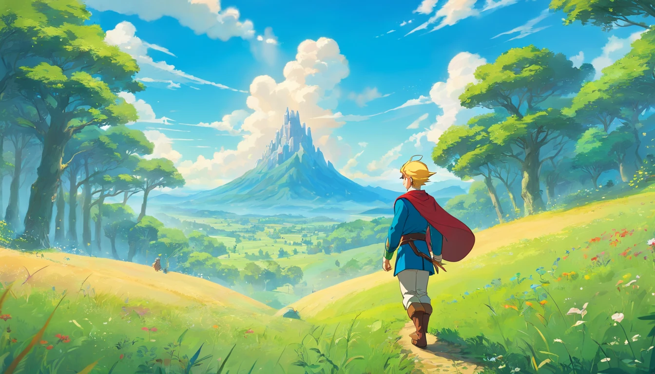 (Award Winning Digital Artwork:1.3) of (Ultra detailed:1.3) solo male, 1 guy, (bright blue eyes), (short blond hair, small ponytail with bangs and side locks 1.3), beautiful forest, handsome, straps, gorgeous,CGSociety,ArtStation, forest, fantasy, breath of the wild, botw, Hyrule kingdom, rolling hills, amazing background, beautiful fields, (wildlife) wide open fields, dancing grass, blue skies, lovely skies, big clouds, masterpiece, perfections, wallpaper, 8k, link, tloz, ((handsome elf man)) adventurer, on an adventure
