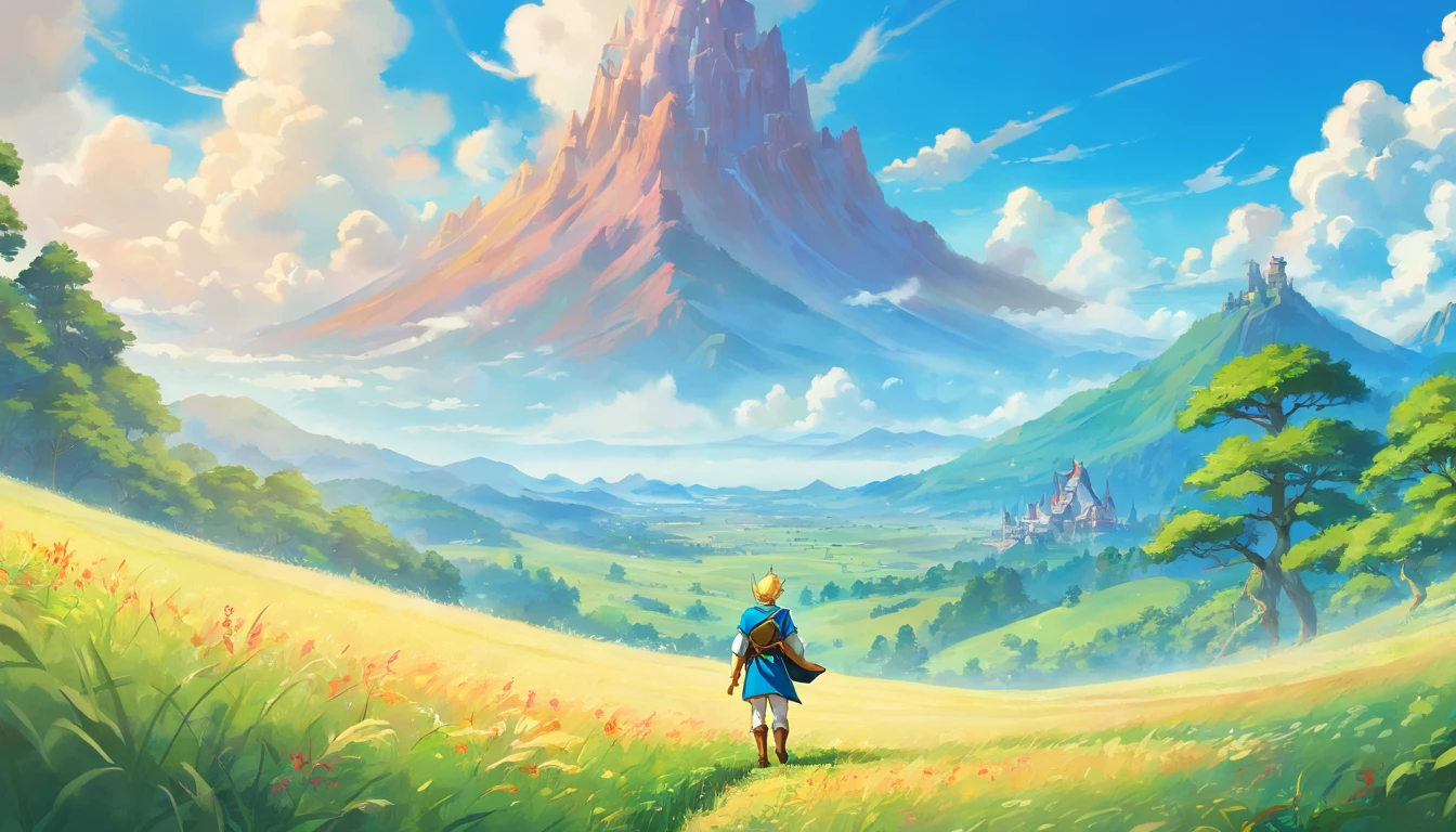 (Award Winning Digital Artwork:1.3) of (Ultra detailed:1.3) solo male, 1 guy, (bright blue eyes), (short blond hair, small ponytail with bangs and side locks 1.3), beautiful forest, handsome, straps, gorgeous,CGSociety,ArtStation, forest, fantasy, breath of the wild, botw, Hyrule kingdom, rolling hills, amazing background, beautiful fields, (wildlife) wide open fields, dancing grass, blue skies, lovely skies, big clouds, masterpiece, perfections, wallpaper, 8k, link, tloz, ((handsome elf man)) adventurer, on an adventure