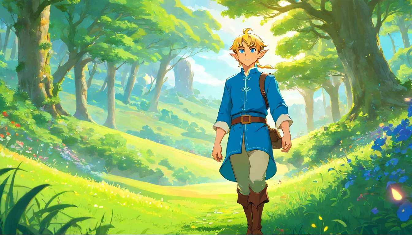 (Award Winning Digital Artwork:1.3) of (Ultra detailed:1.3) solo male, 1 guy, (bright blue eyes), (short blond hair, small ponytail with bangs and side locks 1.3), beautiful forest, handsome, straps, gorgeous,CGSociety,ArtStation, forest, fantasy, breath of the wild, botw, Hyrule kingdom, rolling hills, amazing background, beautiful fields, (wildlife) wide open fields, dancing grass, blue skies, lovely skies, big clouds, masterpiece, perfections, wallpaper, 8k, link, tloz, ((handsome elf man)) adventurer, on an adventure