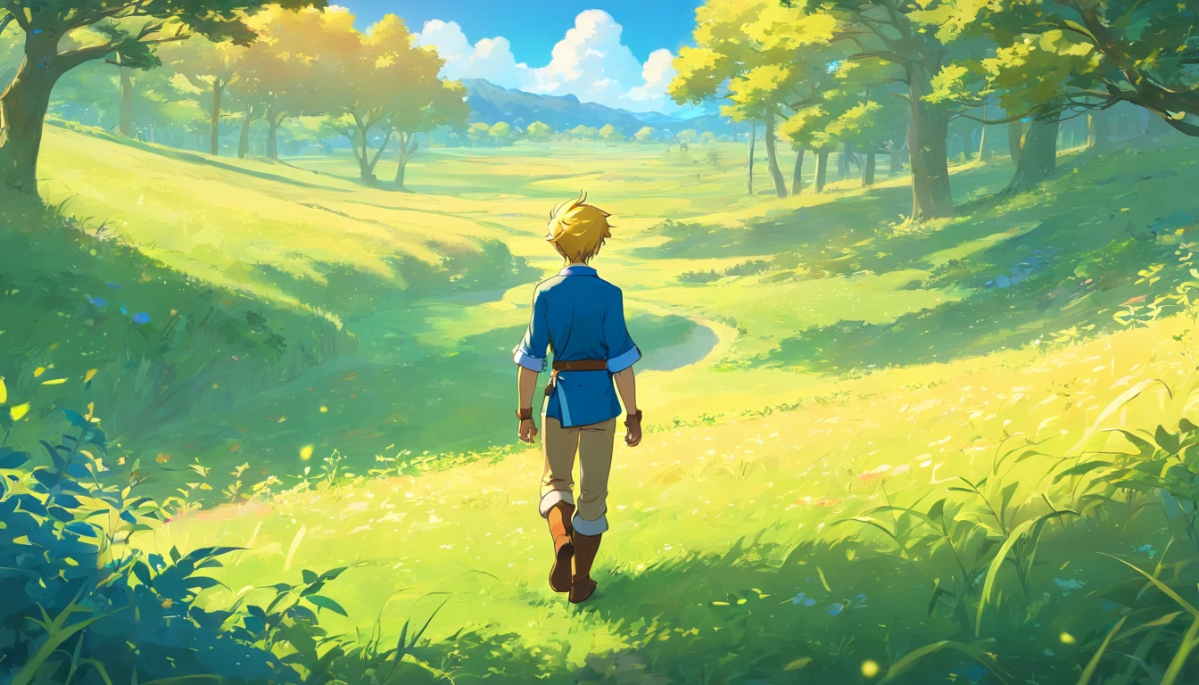 (Award Winning Digital Artwork:1.3) of (Ultra detailed:1.3) solo male, 1 guy, (bright blue eyes), (short blond hair, small ponytail with bangs and side locks 1.3), beautiful forest, handsome, straps, gorgeous,CGSociety,ArtStation, forest, fantasy, breath of the wild, botw, Hyrule kingdom, rolling hills, amazing background, beautiful fields, (wildlife) wide open fields, dancing grass, blue skies, lovely skies, big clouds, masterpiece, perfections, wallpaper, 8k, link, tloz, ((handsome elf man)) adventurer, on an adventure