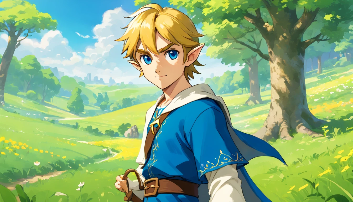 (Award Winning Digital Artwork:1.3) of (Ultra detailed:1.3) solo male, 1 guy, (bright blue eyes), (short blond hair, small ponytail with bangs and side locks 1.3), beautiful forest, handsome, straps, gorgeous,CGSociety,ArtStation, forest, fantasy, breath of the wild, botw, Hyrule kingdom, rolling hills, amazing background, beautiful fields, (wildlife) wide open fields, dancing grass, blue skies, lovely skies, big clouds, masterpiece, perfections, wallpaper, 8k, link, tloz, ((handsome elf man)) adventurer, on an adventure