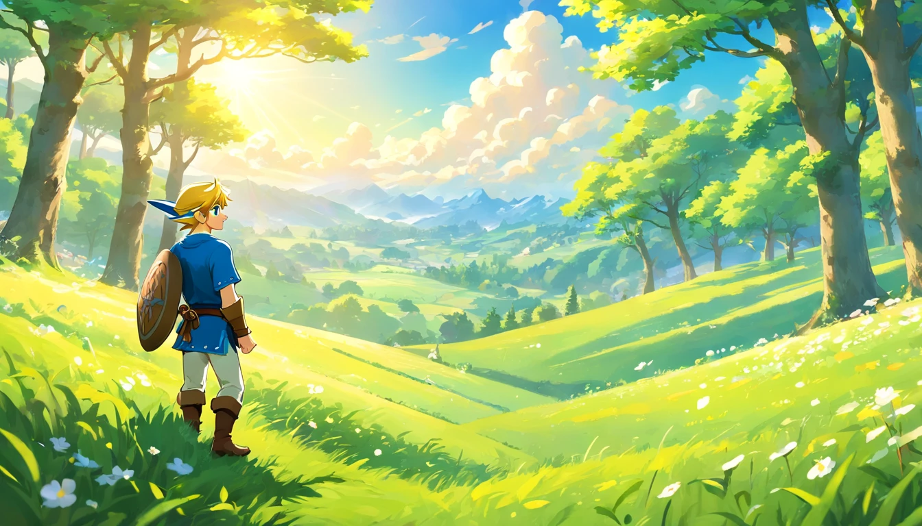 (Award Winning Digital Artwork:1.3) of (Ultra detailed:1.3) solo male, 1 guy, (bright blue eyes), (short blond hair, small ponytail with bangs and side locks 1.3), beautiful forest, handsome, straps, gorgeous,CGSociety,ArtStation, forest, fantasy, breath of the wild, botw, Hyrule kingdom, rolling hills, amazing background, beautiful fields, (wildlife) wide open fields, dancing grass, blue skies, lovely skies, big clouds, masterpiece, perfections, wallpaper, 8k, link, tloz, ((handsome elf man)) adventurer, on an adventure