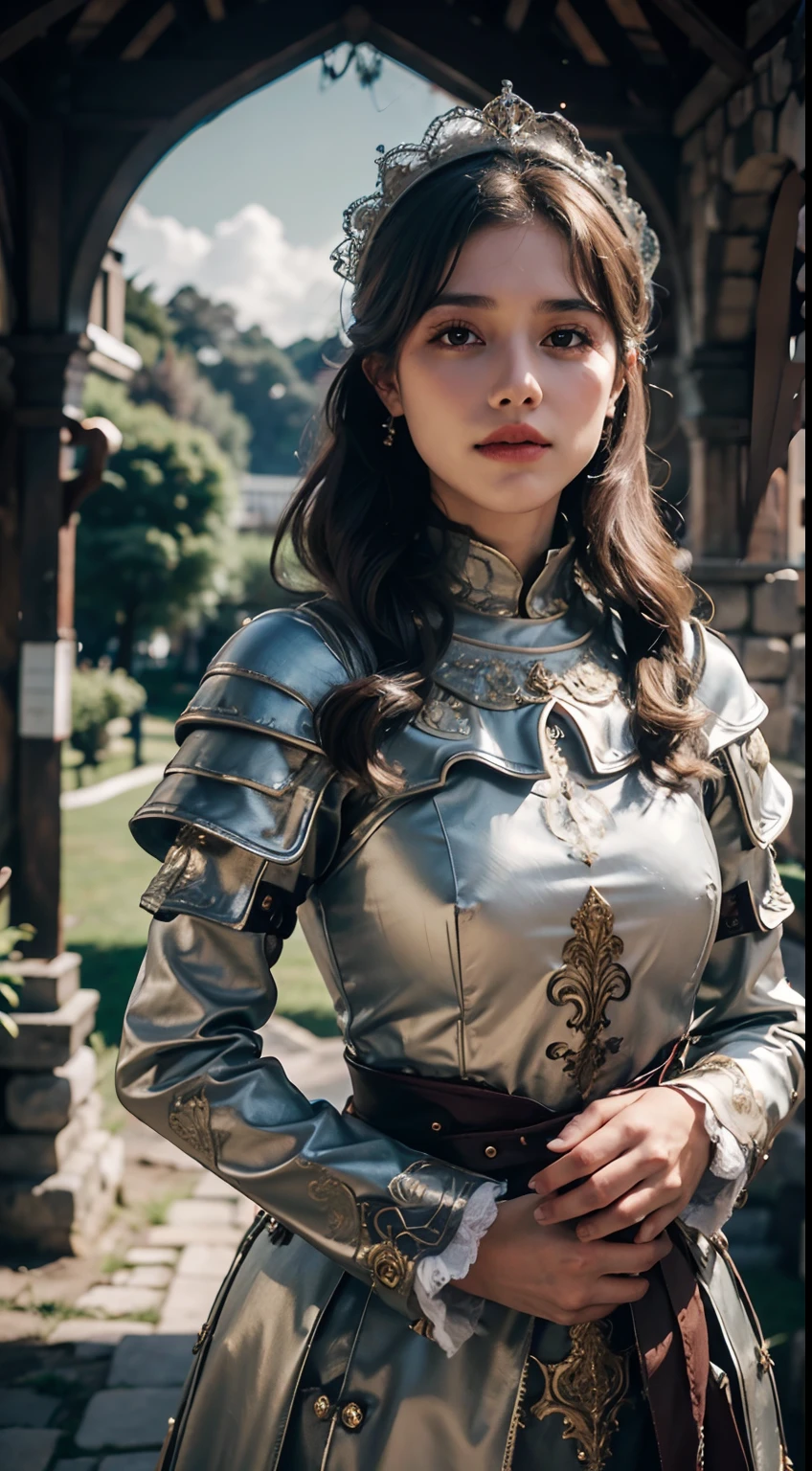 Obra-prima, cinematic landscape, melhor qualidade, barroco, realista, mulher europeia, cabelos loiros , orelhas pontudas, olhos verdes, belas curvas,  armadura medieval romana branca, armadura gasta, parte superior do corpo, olhando para o espectador, campo aberto, campo de batalha