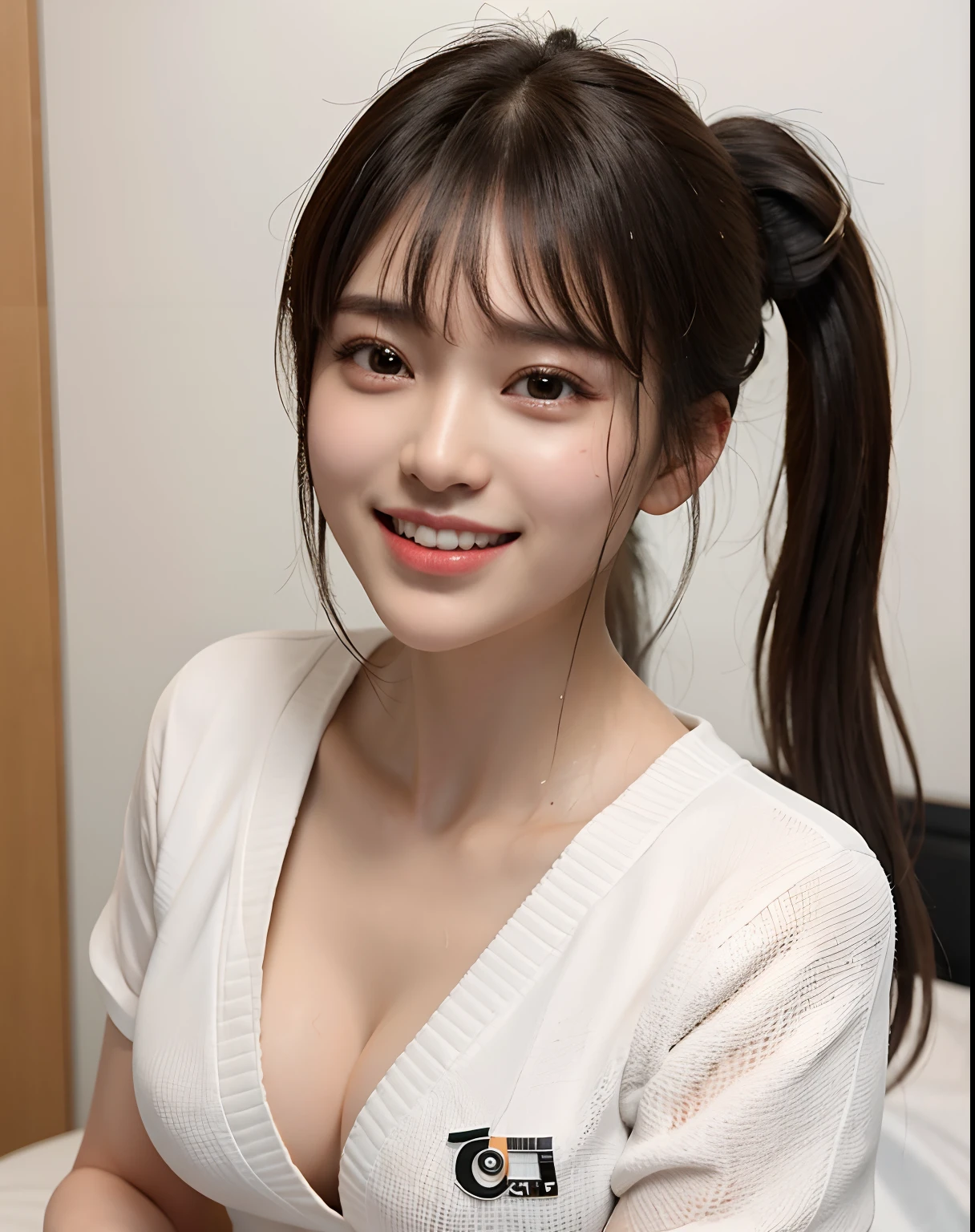 zydG, 1girl, detailed skin, looking at viewer, brown eyes, (ponytail with bangs:1.2), (large breasts:1.0), (large areolae:0.8), smile with white teeth,
(photorealistic:1.4), (best quality:1.0), (ultra highres:1.0), 8k, RAW photo, (masterpiece:0.2), (sportswear:1.4), (sweat, wet:1.1), portrait, face focus,
(pureerosface_v1:0.5)