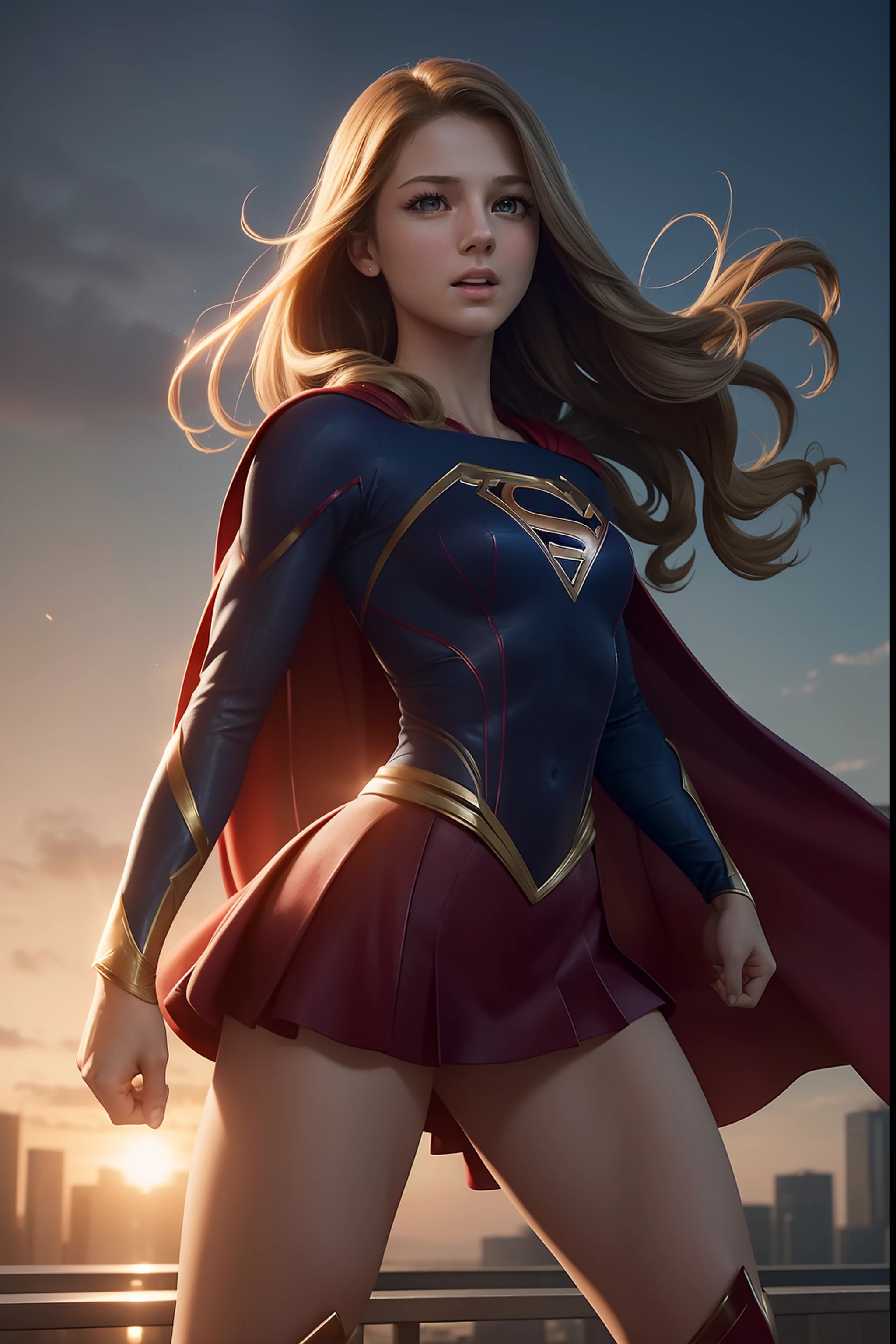 (masterpiece, best quality, photorealistic, cinematic, ultra-detailed, 8k), ((wide shot, full body)), 1 sexy girl in a fighting stance on the rooftop, both fists in front, perfect anatomy, expressive eyes, perfect hands, (long round legs), (large breasts), both fists in front, Produce a high-quality artwork with a focus on capturing Melissa Benoist as Supergirl in stunning and alluring detail. Render the artwork with precision, striving for a photorealistic portrayal. Highlight Supergirl's iconic costume: a vibrant blue bodysuit with a bold "S" emblem on her chest, a flowing red cape, and golden accents. Ensure that the suit showcases her strength and grace. Emphasize Melissa Benoist's warm and confident expression, reflecting Supergirl's unwavering dedication to justice and compassion. Incorporate a dynamic and heroic pose that illustrates Supergirl's power and readiness for action. Set the scene against a cityscape or a clear sky, with hints of her ability to fly and protect the world