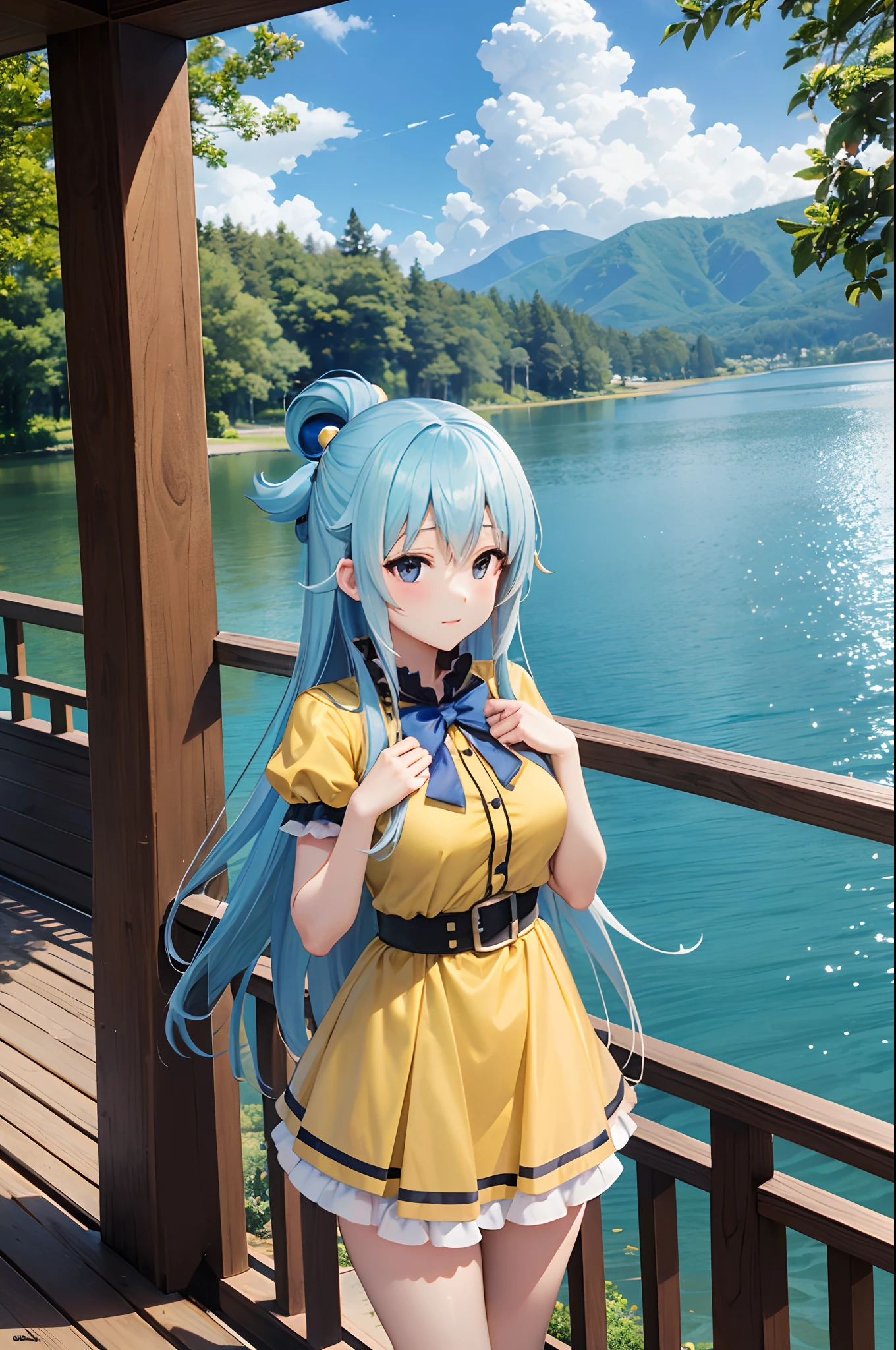 masterpiece, top-quality, Princess_aqua_Konosuba, yellow dress, Black eyes, Light blue long hair、Twin-tailed、 standingn, (borgar: 1.1), clouds, in woods、White castle by the lake、Near and far law、blue-sky