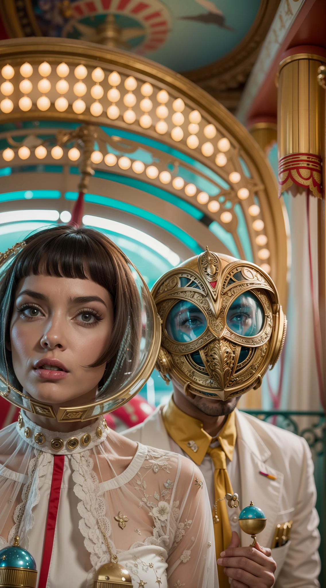 Foto premiada, imagem impressionante, detalhes perfeitos, 8k portrait of a 1960s science fiction film by Stanley Kubric, cores pasteis, There are men wearing futuristic chameleon masks and wearing extravagant retro fashion outfits and men wearing alien makeup and antique ornaments with mechanical pets at the '60s amusement park, Luz Natural, Psicodelia, futurista estranho, fotorrealista, hiper detalhado, foco nítido, Intrinsic, Fuji filmes 55mm,