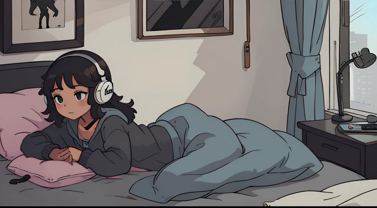 um gato preto deitado na cama, Girl listening to music on connected headphones, deitada em cima da cama, arte lofi, lofi girl, estetica lofi, messy bedroom