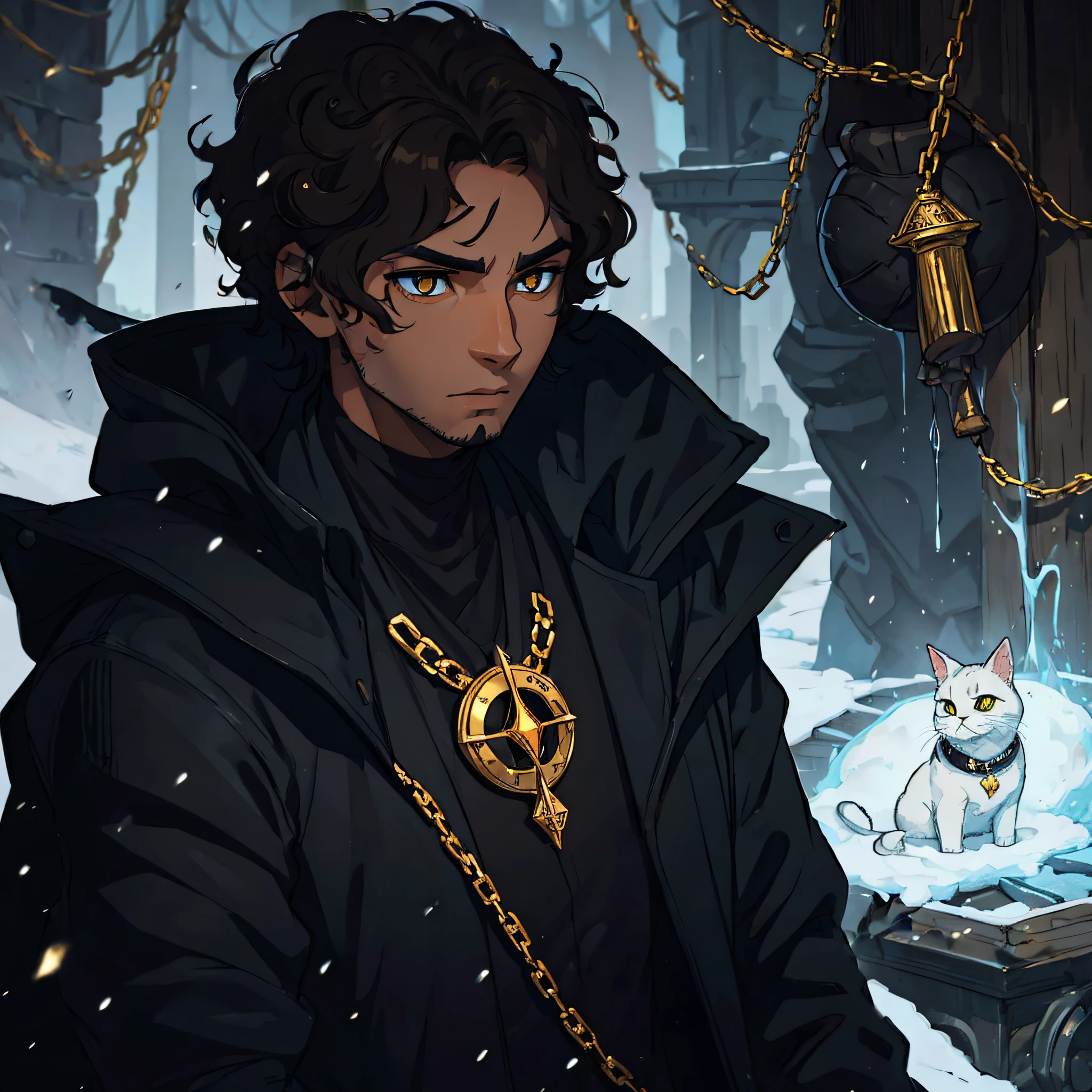 add to image a trunda scenario, silver accessories, um homem negro bonito, jovem, orelhas de gato, trajado em vestes sombrias, personagem para um RPG medieval